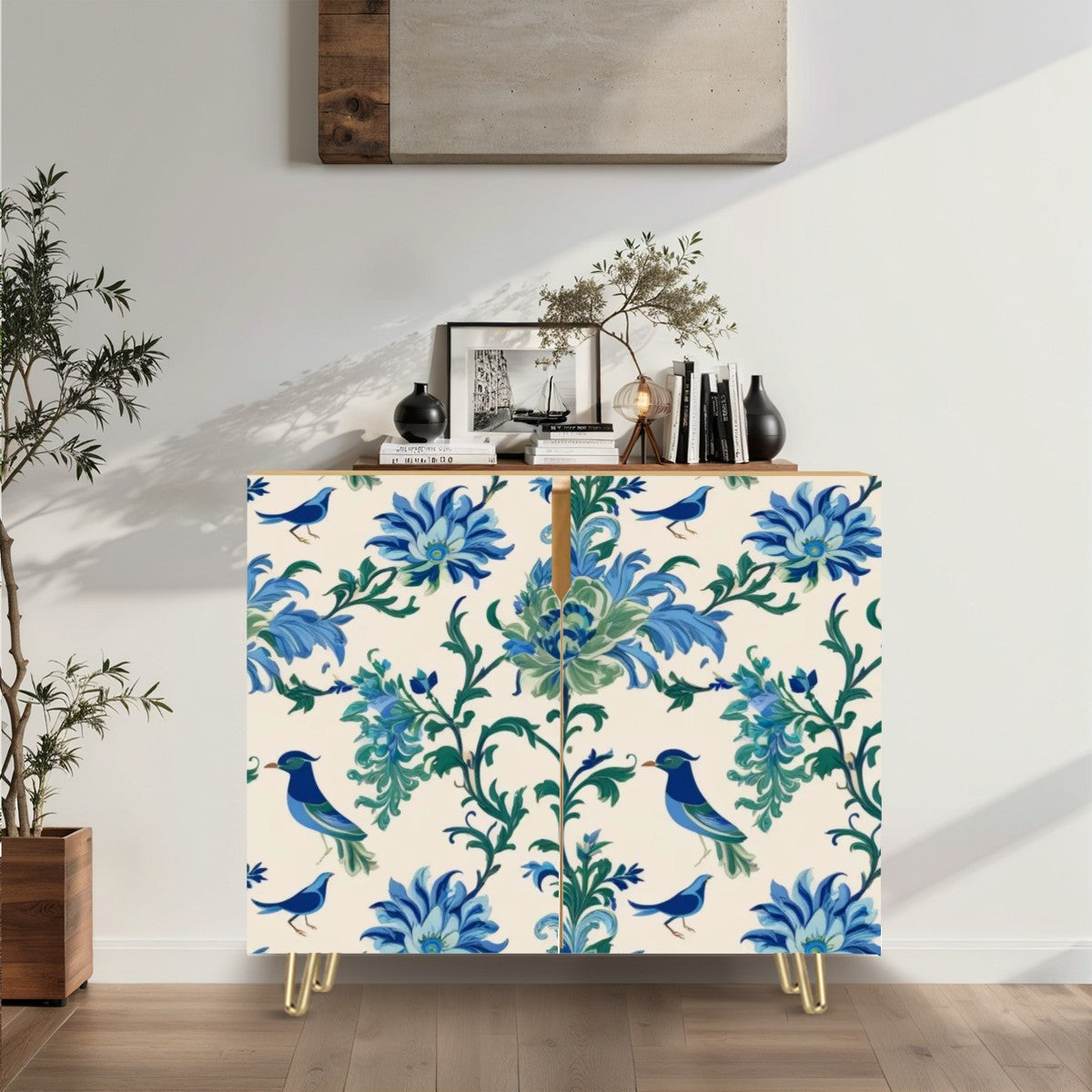 Chinoiserie Sideboard Cabinet, Blue Birds, Floral Design Green, Blue Wooden Storage Cabinet - Mid Century Modern Gal