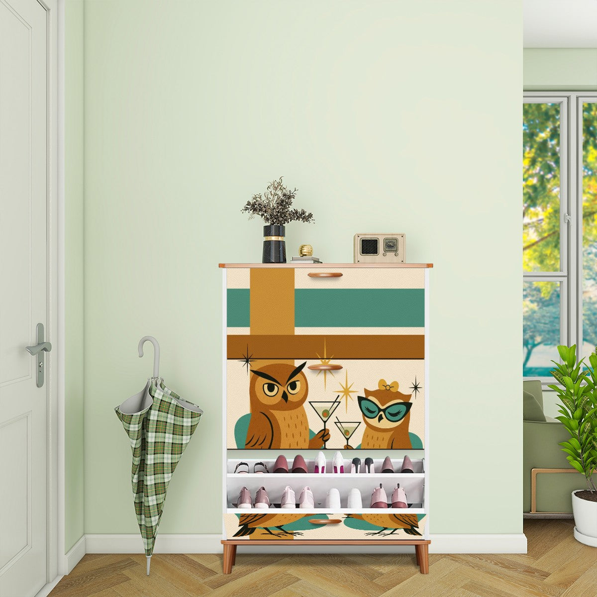 Mid Century Modern 70s Owls Kitschy Martini Time Shoe Cabinet - Mid Century Modern Gal