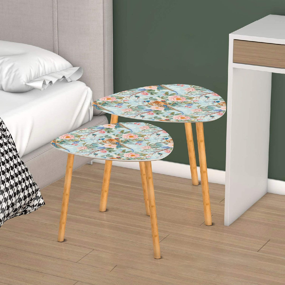 Chinoiserie Elegant Floral Pink Blue, Nesting Coffee Tables - Mid Century Modern Gal