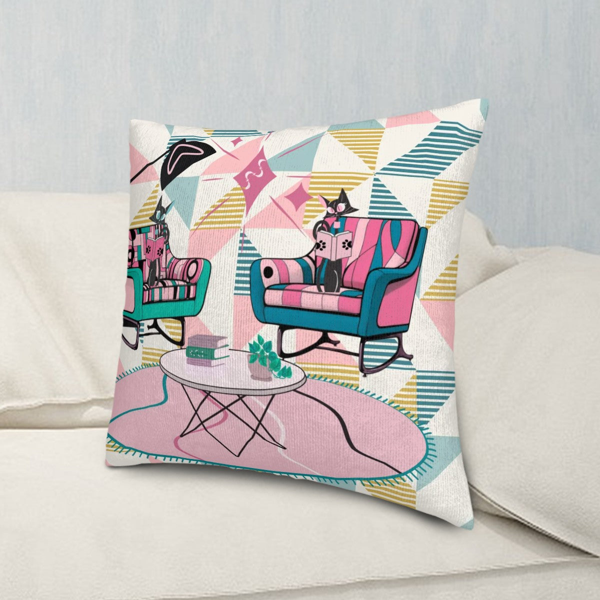 Cats Reading Pillow, Atomic Mid Mod Book Lover, Book Club Gift Ideas Pillow Covers - Mid Century Modern Gal