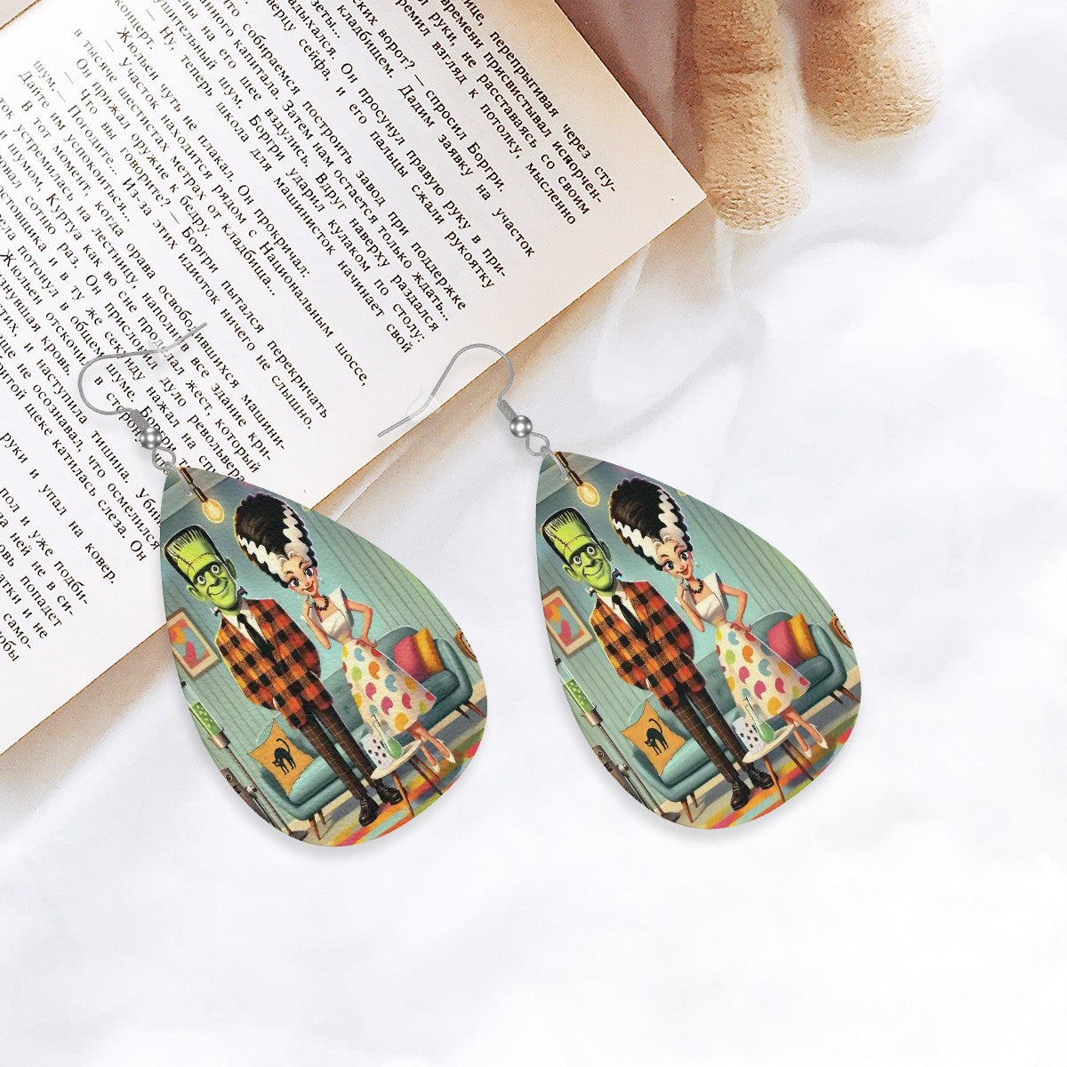 Frankenstein And Bride Kitschy Mod Retro Faux Leather Teardrop Earrings - Mid Century Modern Gal