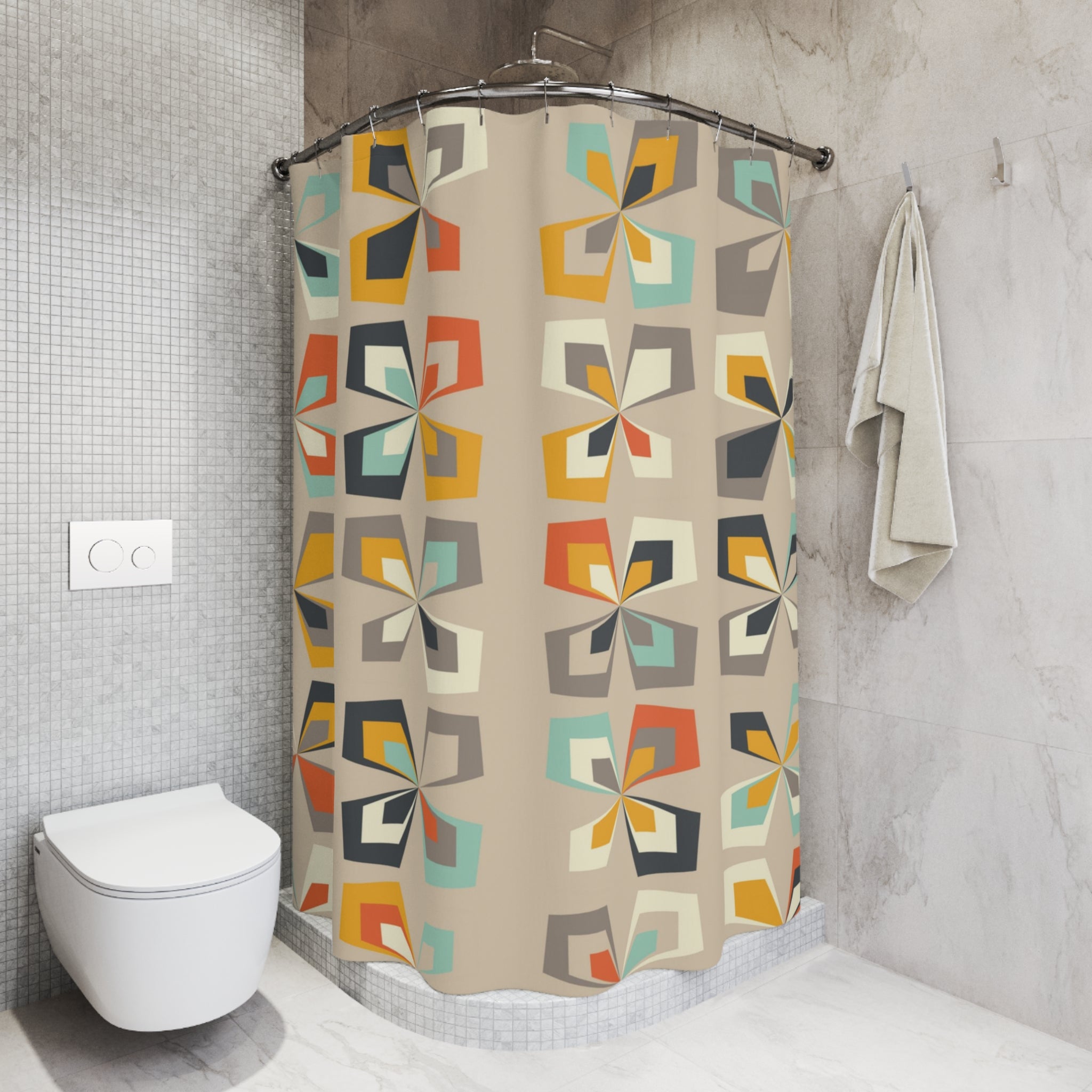 Mid Century Shower Curtain, 60s 70s Retro Scandinavian Pinwheel Butterfly Shower Curtain - Mid Century Modern Gal