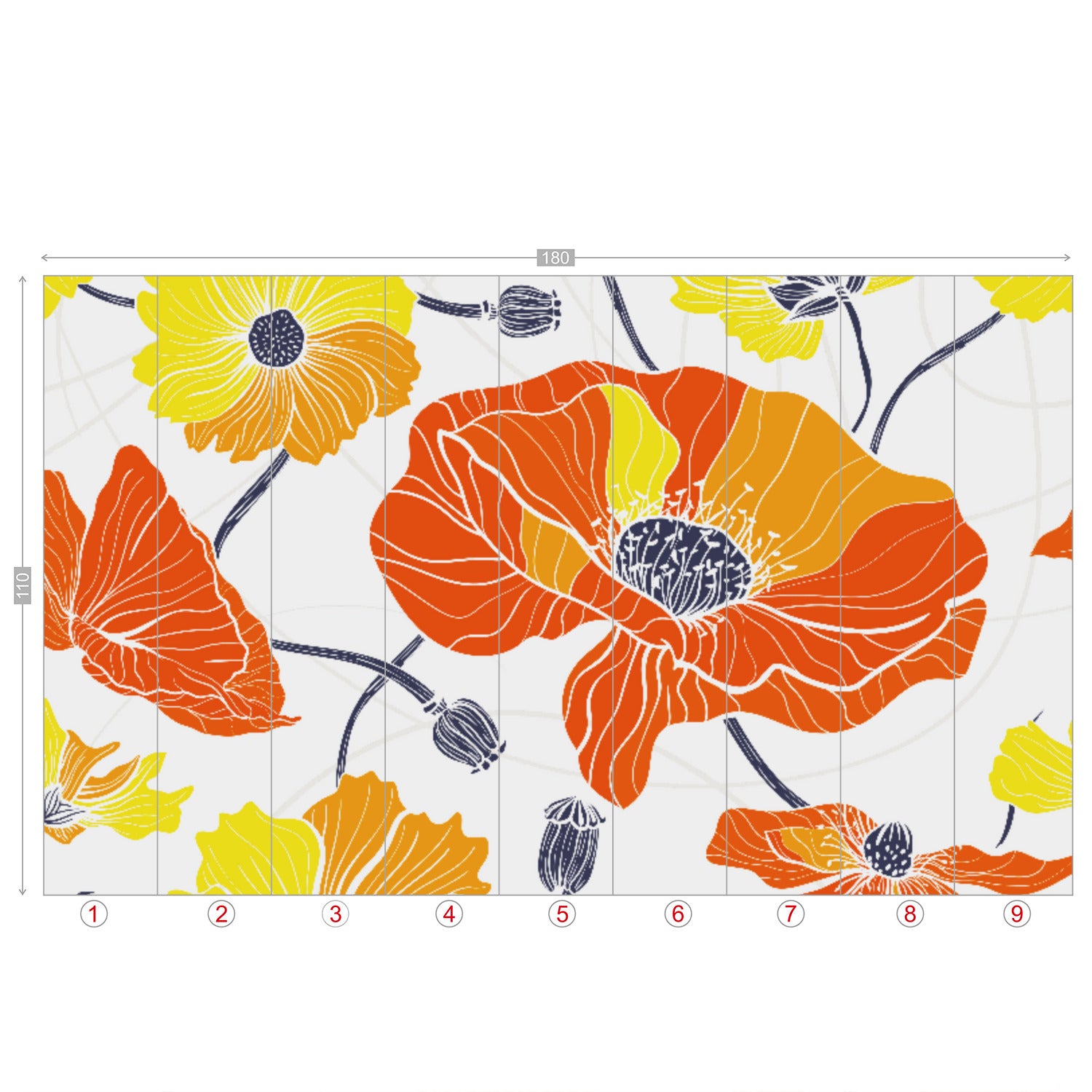 Vintage Poppy Orange Yellow Retro Florals, Mid Century Modern Wall Murals - Mid Century Modern Gal