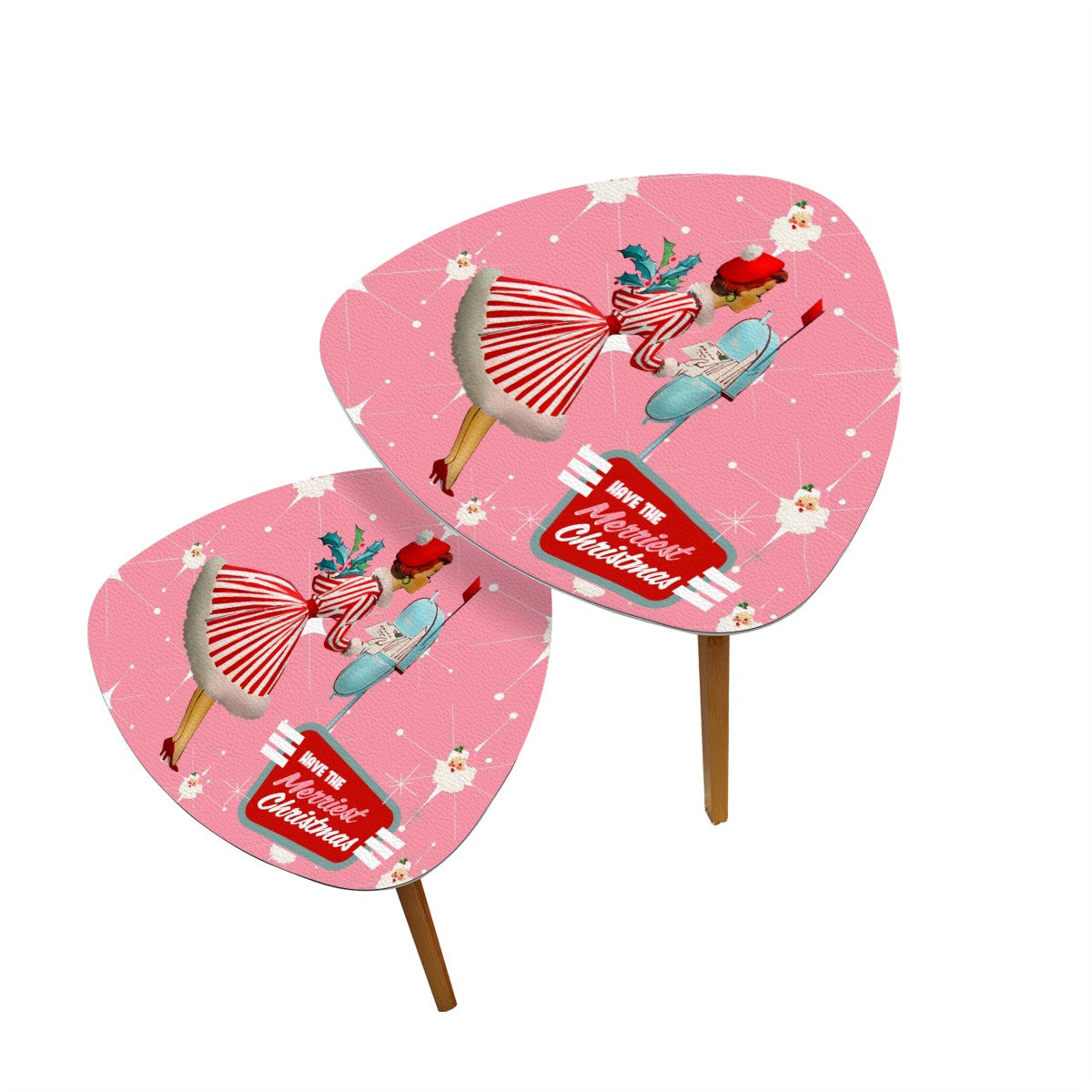 Mid Century Modern 50s Christmas Kitsch Atomic Pink Santa Retro Mod Gal Holiday Nesting Tables - Mid Century Modern Gal