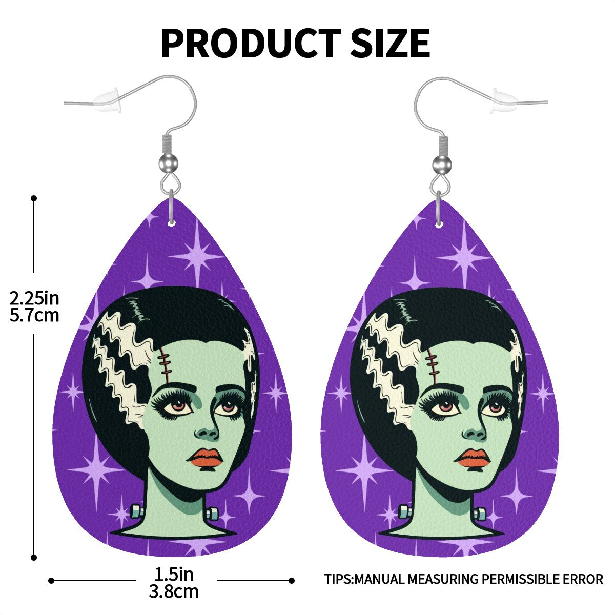 Bride of Frankenstein Retro Mid Mod Horror Buff Purple Halloween Vegan Leather Teardrop Earrings - Mid Century Modern Gal