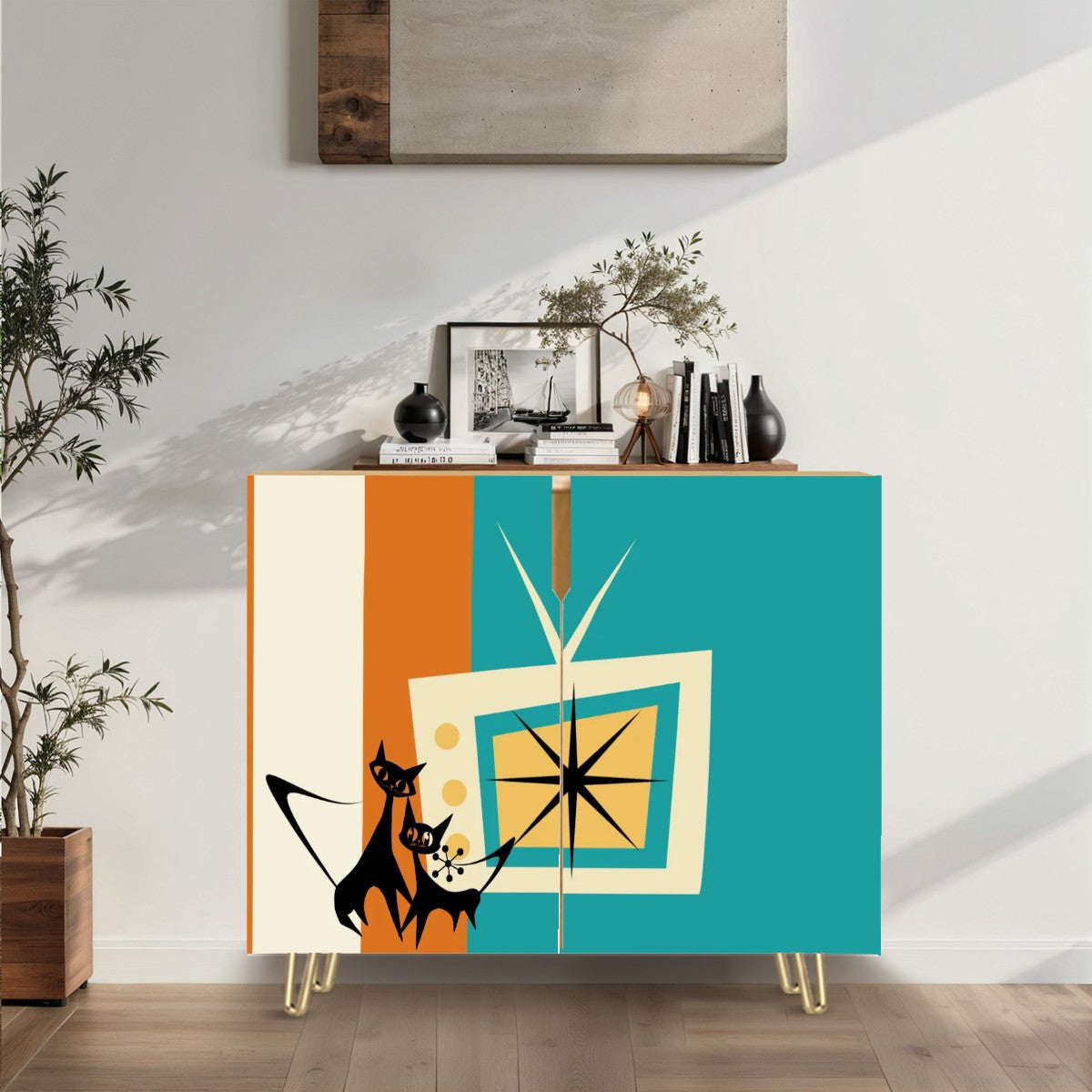 Mid Century Modern TV Credenza, Storage Cabinet Adorned WIth Atomic Kitschy Cats - Mid Century Modern Gal
