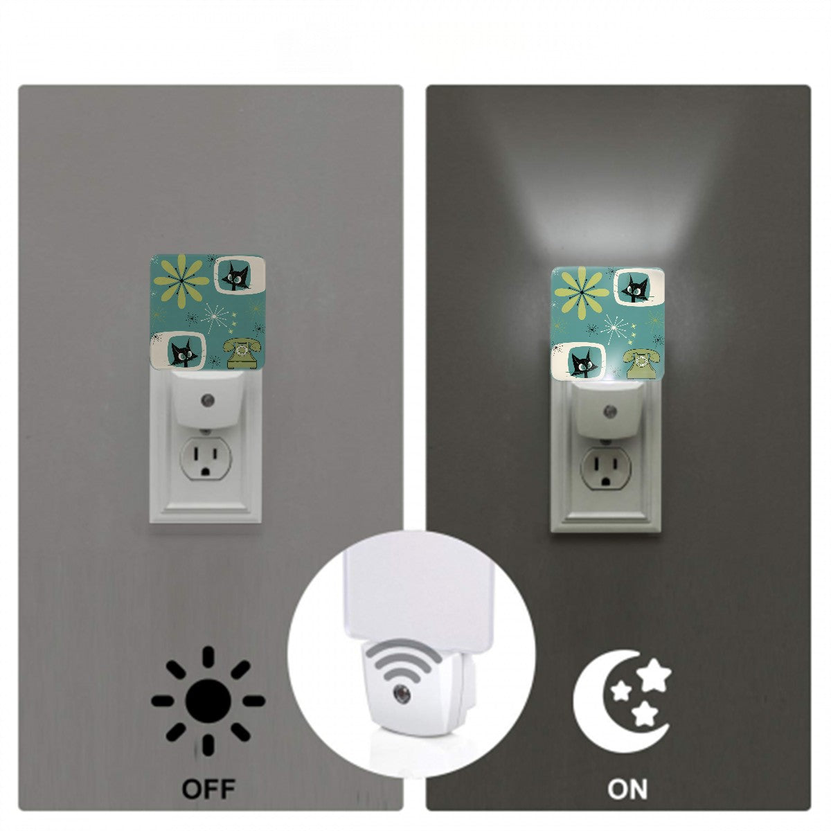 Atomic Kitschy Cats, Retro Mod Office, Livingroom, Kitchen LED Night Light Set of 2 - Mid Century Modern Gal