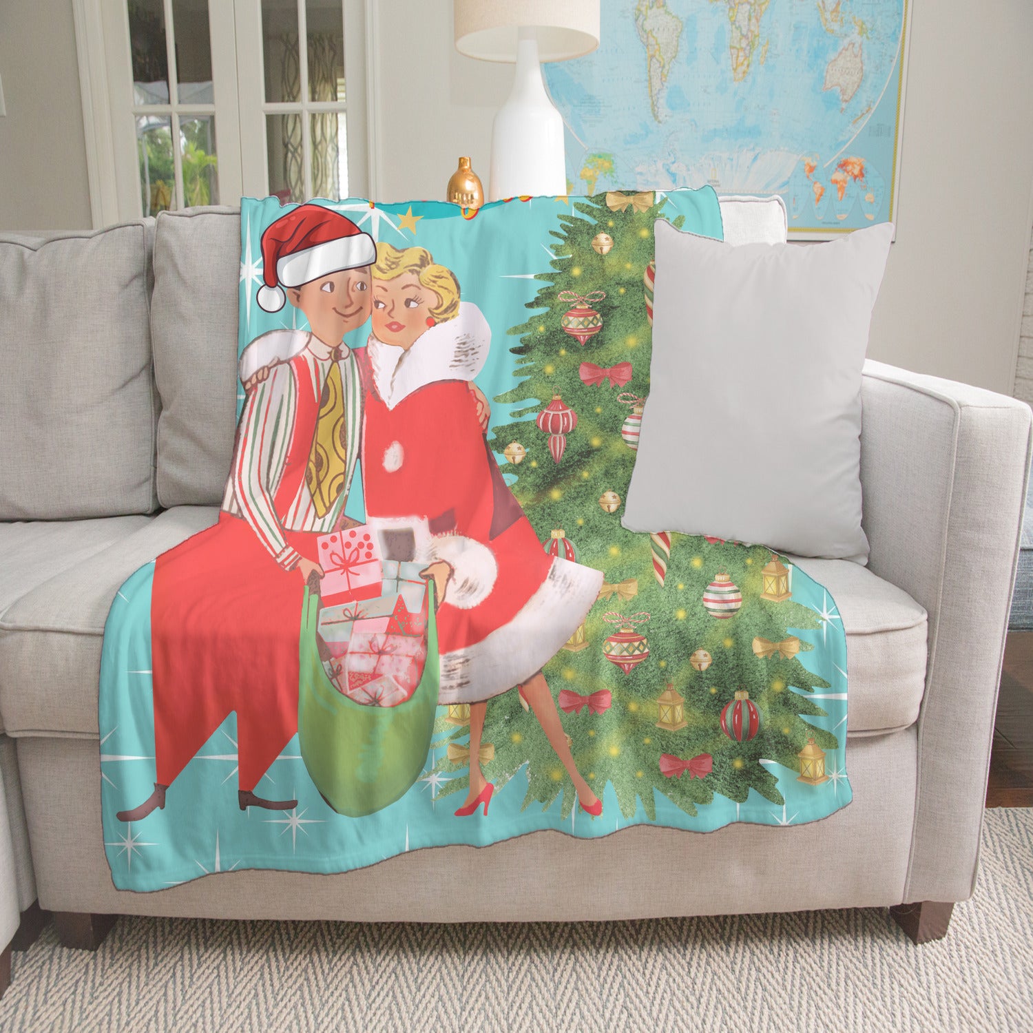Holiday Vintage 50s Kitsch Retro Aqua Blue Diamond Starburst Mid Century Modern Vintage Christmas Holiday Decor Sherpa Blanket - Mid Century Modern Gal