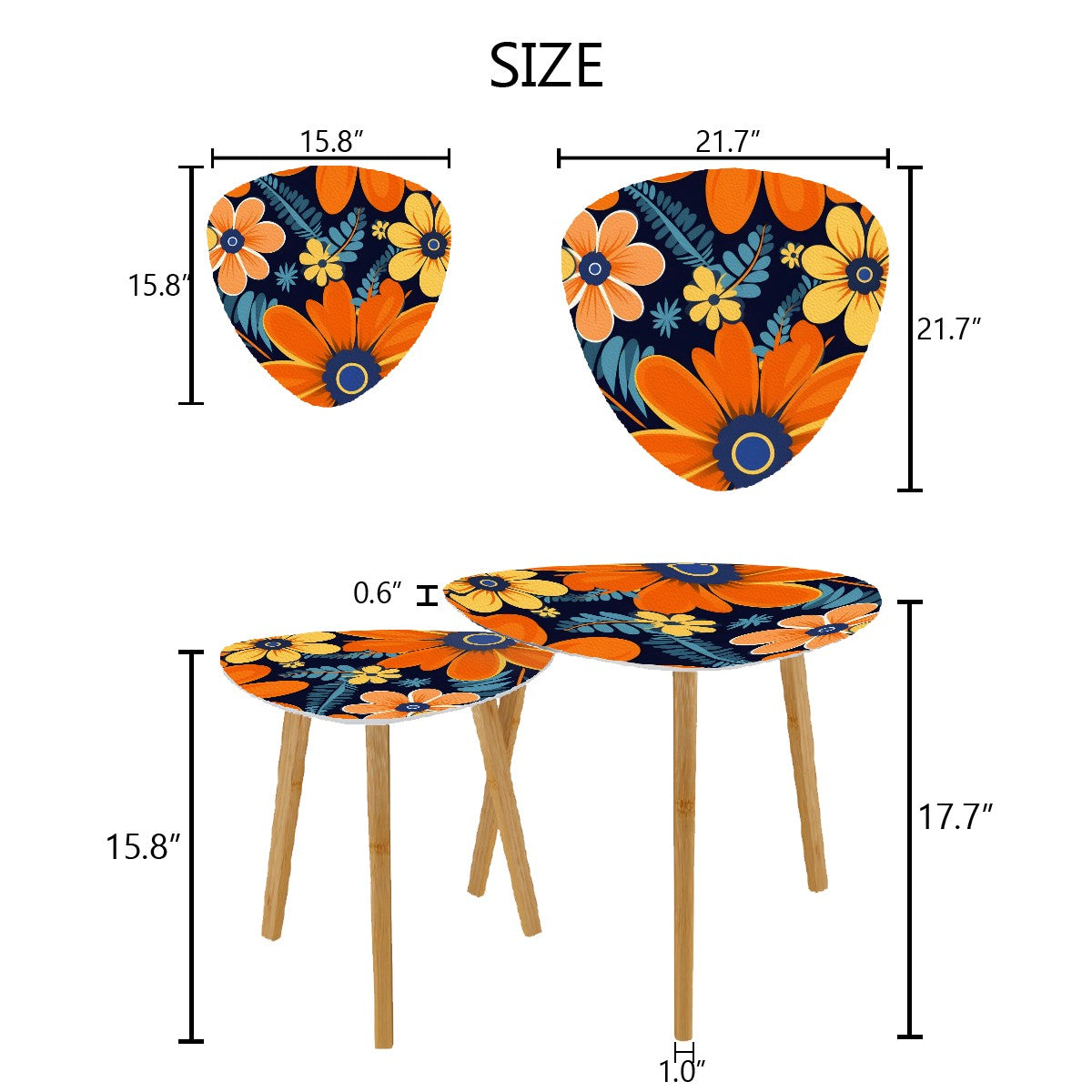 Bohemian Floral Navy Blue, Orange, Retro Nesting Tables - Mid Century Modern Gal