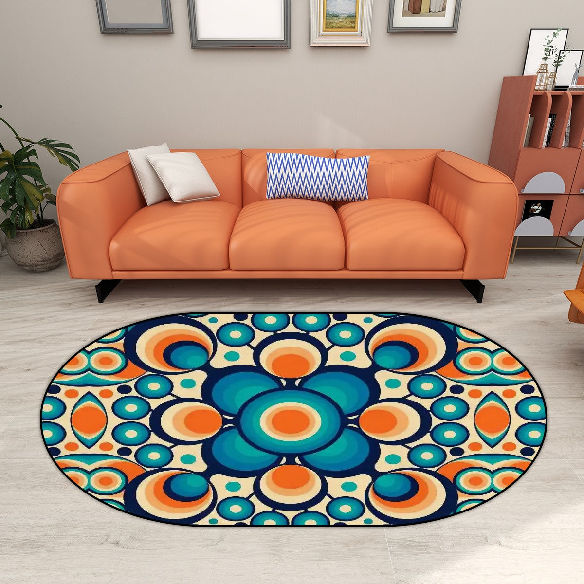 Retro Groovy Space Orbs, Orange Blue MCM Oval Rug Mat - Mid Century Modern Gal