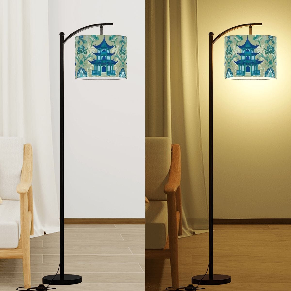 Chinoiserie Pagoda Lamp, Blue, Green Floral Designed Lamp SHADE ONLY - For Arc Floor Lamps Only - Mid Century Modern Gal
