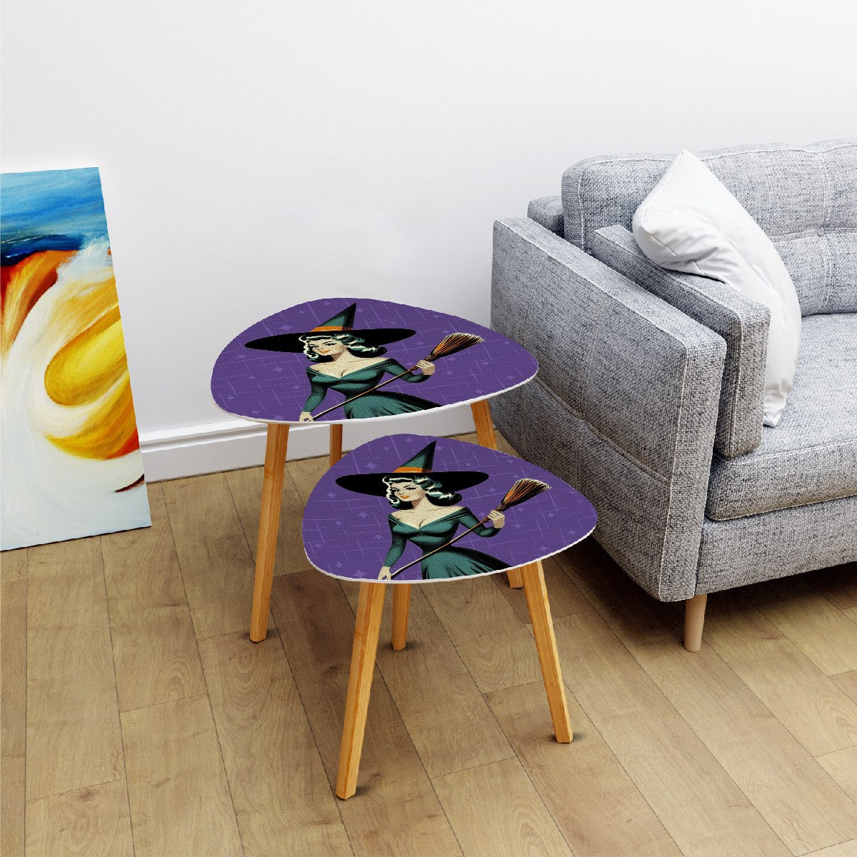 Mid Century Modern Vintage Pin Up Witch Purple Teal Halloween Nesting Tables - Mid Century Modern Gal