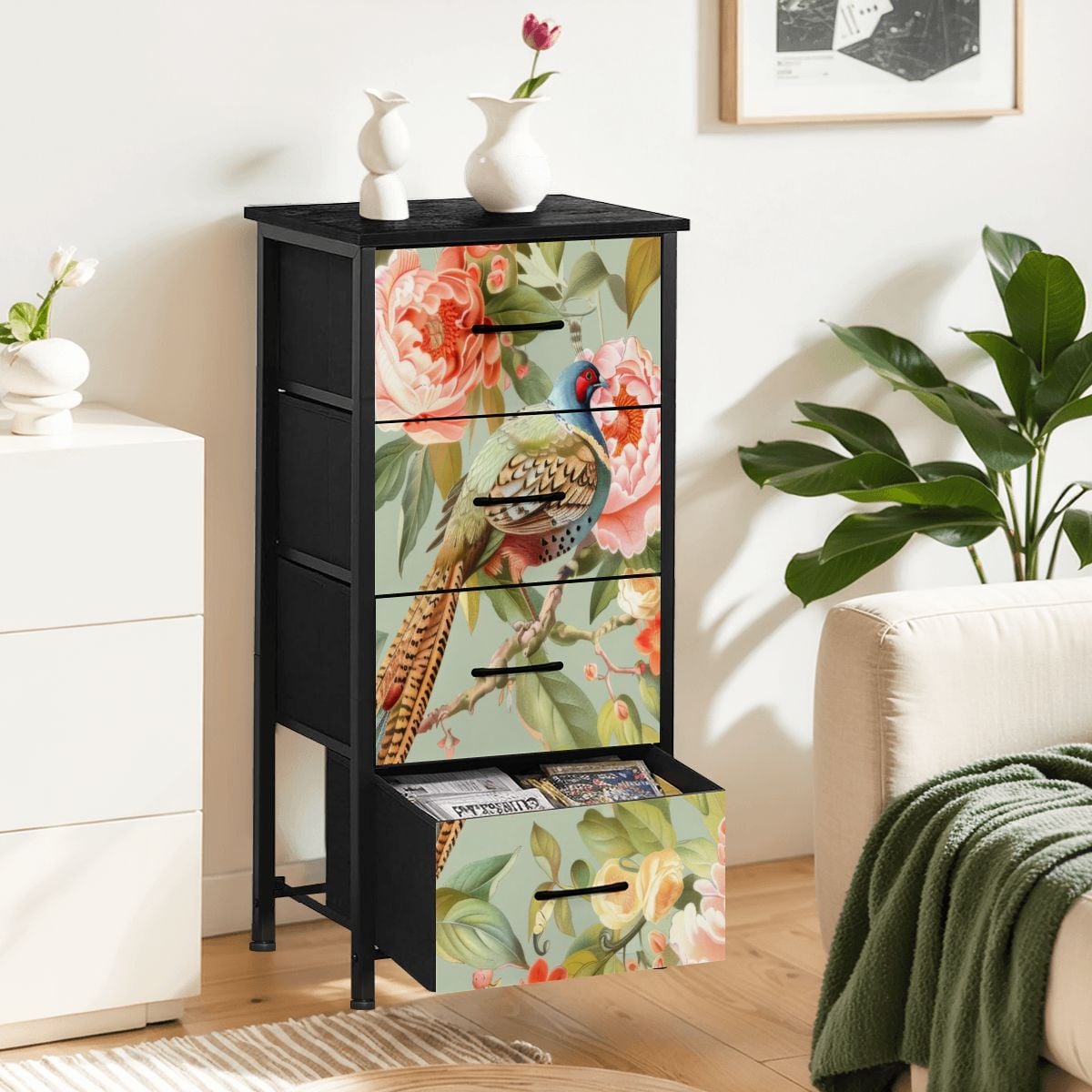 Chinoiserie Floral Pheasant Bird, Elegant Home Decor, Bohemian 4-Drawer Dresser (Made in USA) - Mid Century Modern Gal