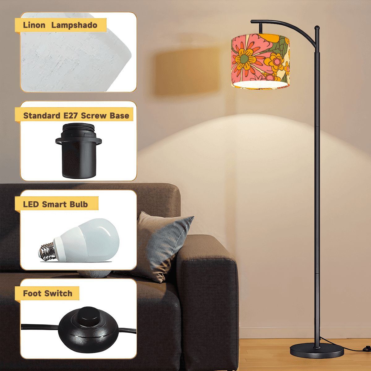 Flower Power Groovy Retro Mod Floral 70s Designed Arc Floor Lamp - Mid Century Modern Gal