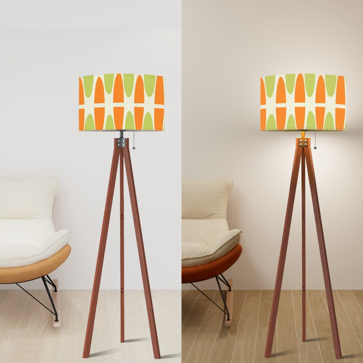 Groovy Green, Orange, Tiki Polynesian Inspired Mid Century Modern Tripod Floor Lamp - Mid Century Modern Gal