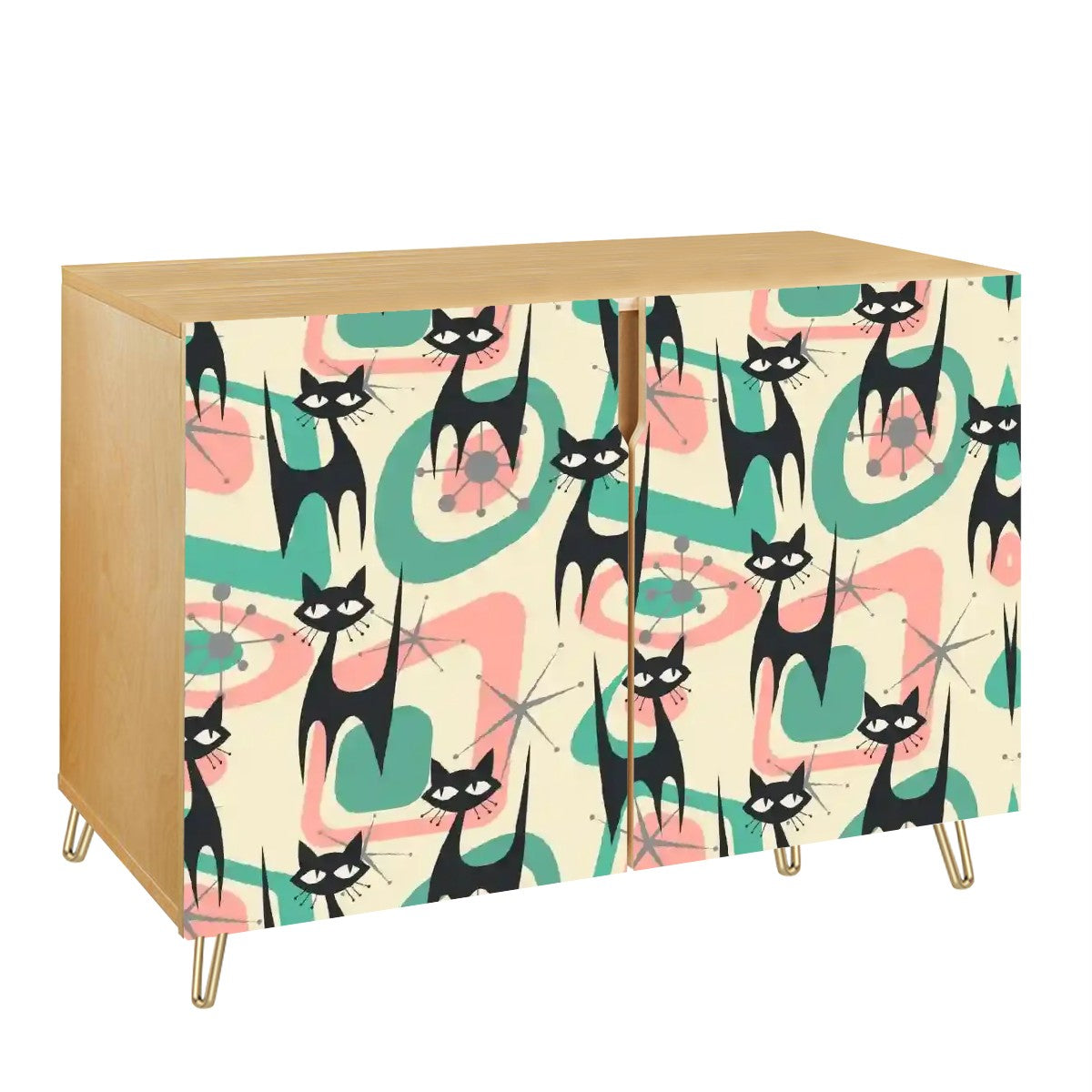 Mid Century Modern Retro Wooden Storage Cabinet With Atomic Cats - Mid Century Modern Gal