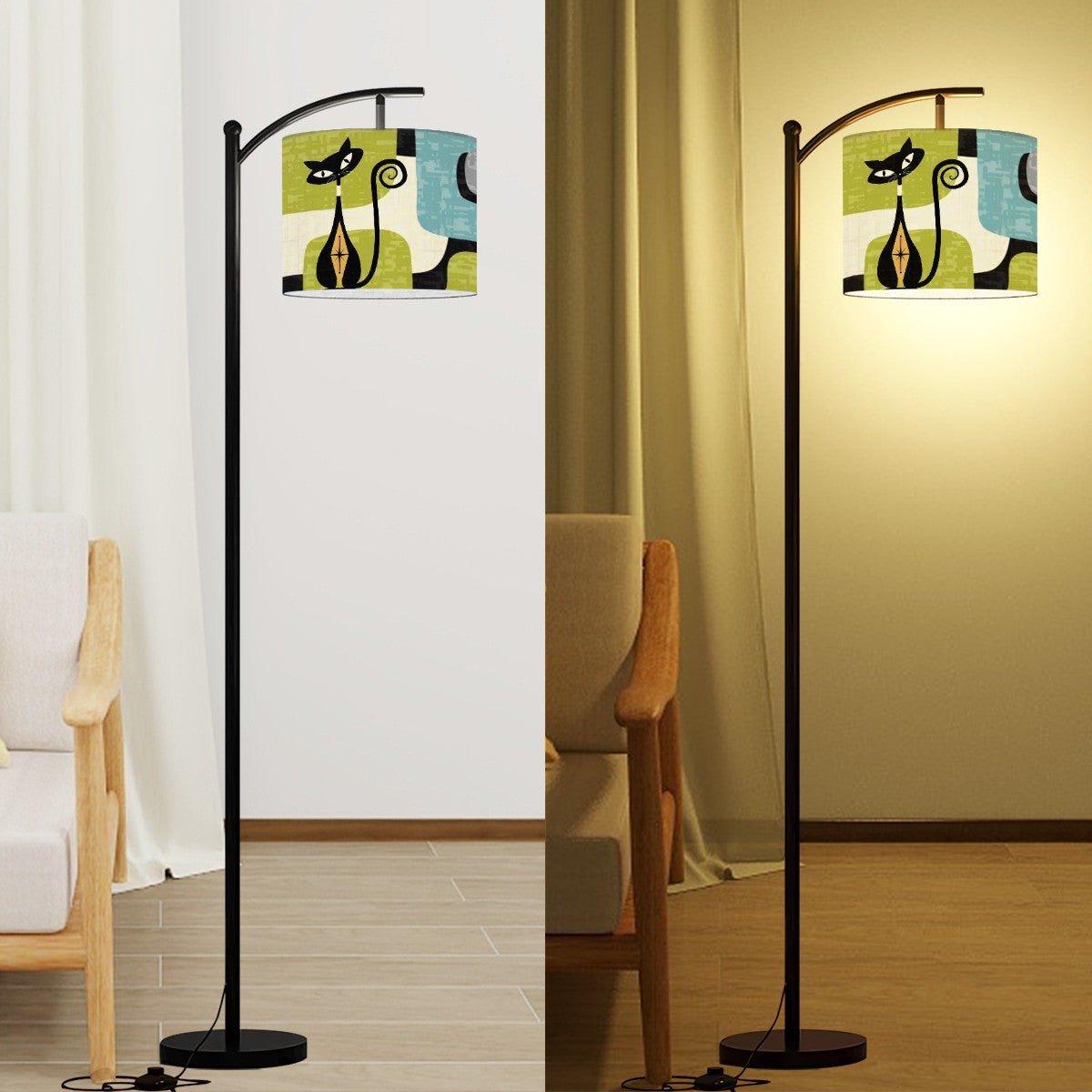 Mid Century Modern Atomic Cat, Mod Geometric Pattern Cool Fun Arc Floor Lighting - Mid Century Modern Gal