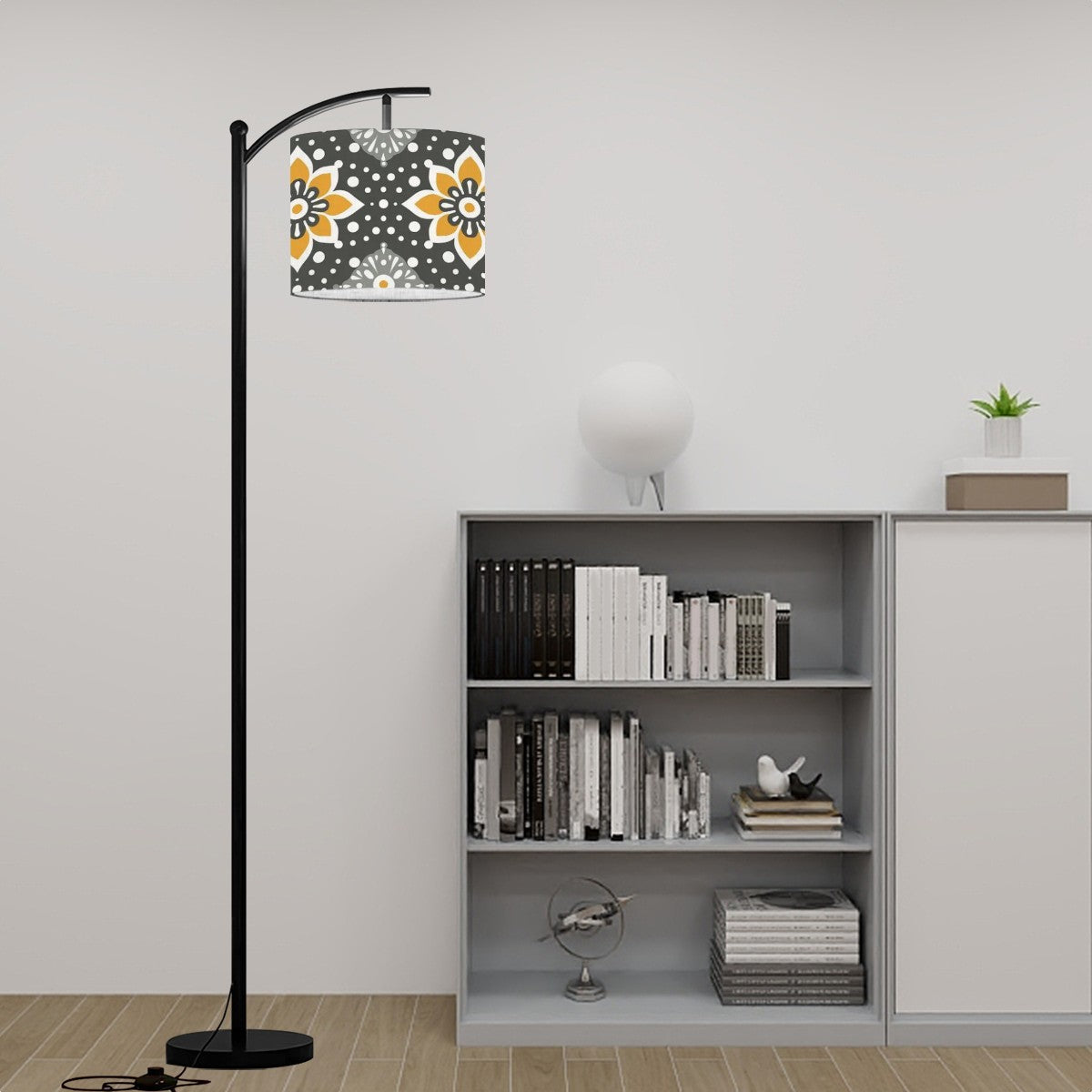 Floral Bohemian Retro Gray Yellow Modern Arc Floor Lamp - Mid Century Modern Gal