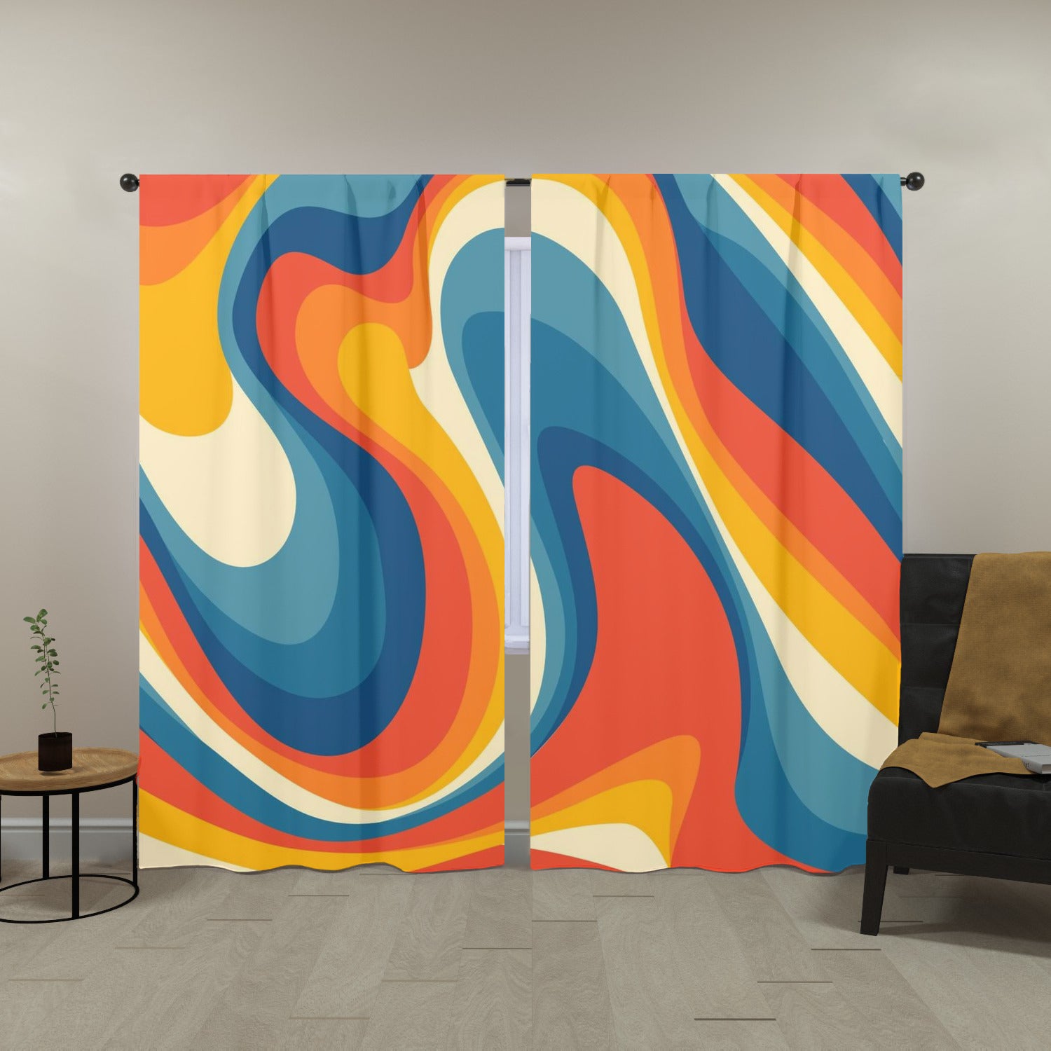 70s Retro Groovy Wave Mid Mod Yellow, Orange, Blue, Cream MCM Window Curtains (two panels) - Mid Century Modern Gal
