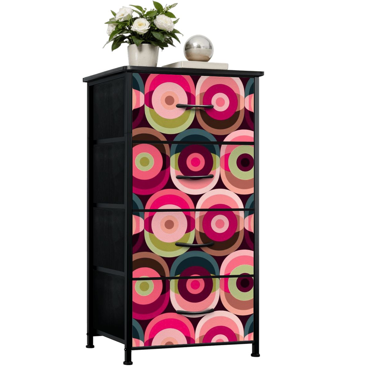 Mid Century Modern Groovy Mod Orbs, Pink, Green Blue Retro 4-Drawer Dresser - Mid Century Modern Gal