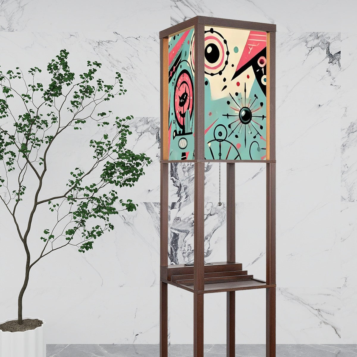 Atomic Space Cat, Mid Century Modern Teal, Pink, Floor Lamp With Shelving - Mid Century Modern Gal