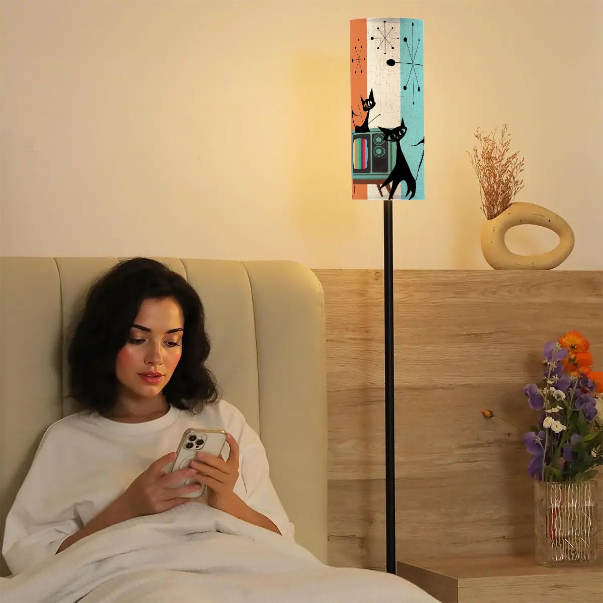 Atomic Kitschy Cats, Mid Century Modern Aqua Orange, Cream Starburst Retro Slim Floor Lamp Modern Standing Lamp - Mid Century Modern Gal
