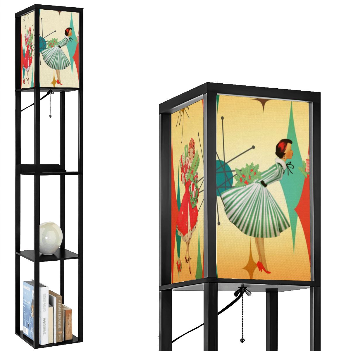 Mid Century Modern Christmas Lampshade for Floor Lamp with Shelves, Atomic Francisan Pattern And Kitschy Christmas Gals - Mid Century Modern Gal