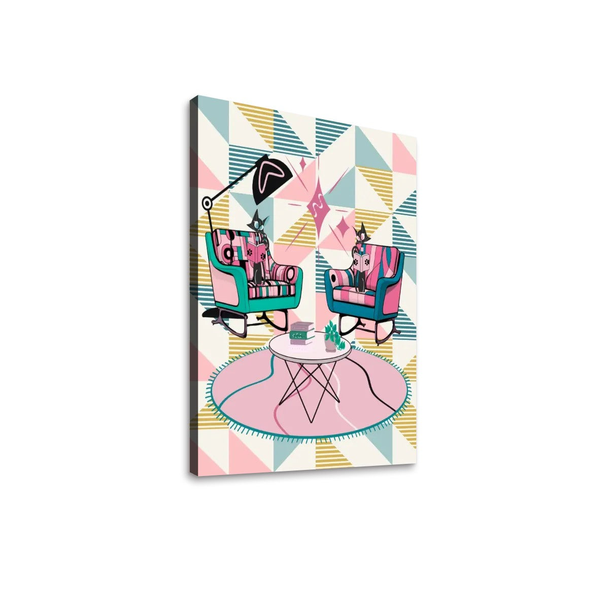 Atomic Reading Cats, Mid Century Modern Pink, Blue, Yellow Geometric Kitsch Canvas Print MCM Wall Art - Mid Century Modern Gal