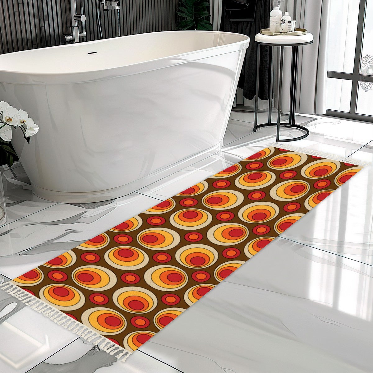 Mid Century Modern Groovy 70s Space Orbs, Brown Orange Yellow Rug Runner With Tassels - Mid Century Modern Gal