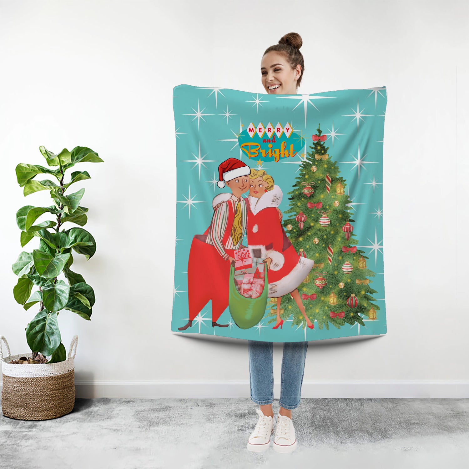 Holiday Vintage 50s Kitsch Retro Aqua Blue Diamond Starburst Mid Century Modern Vintage Christmas Holiday Decor Sherpa Blanket - Mid Century Modern Gal