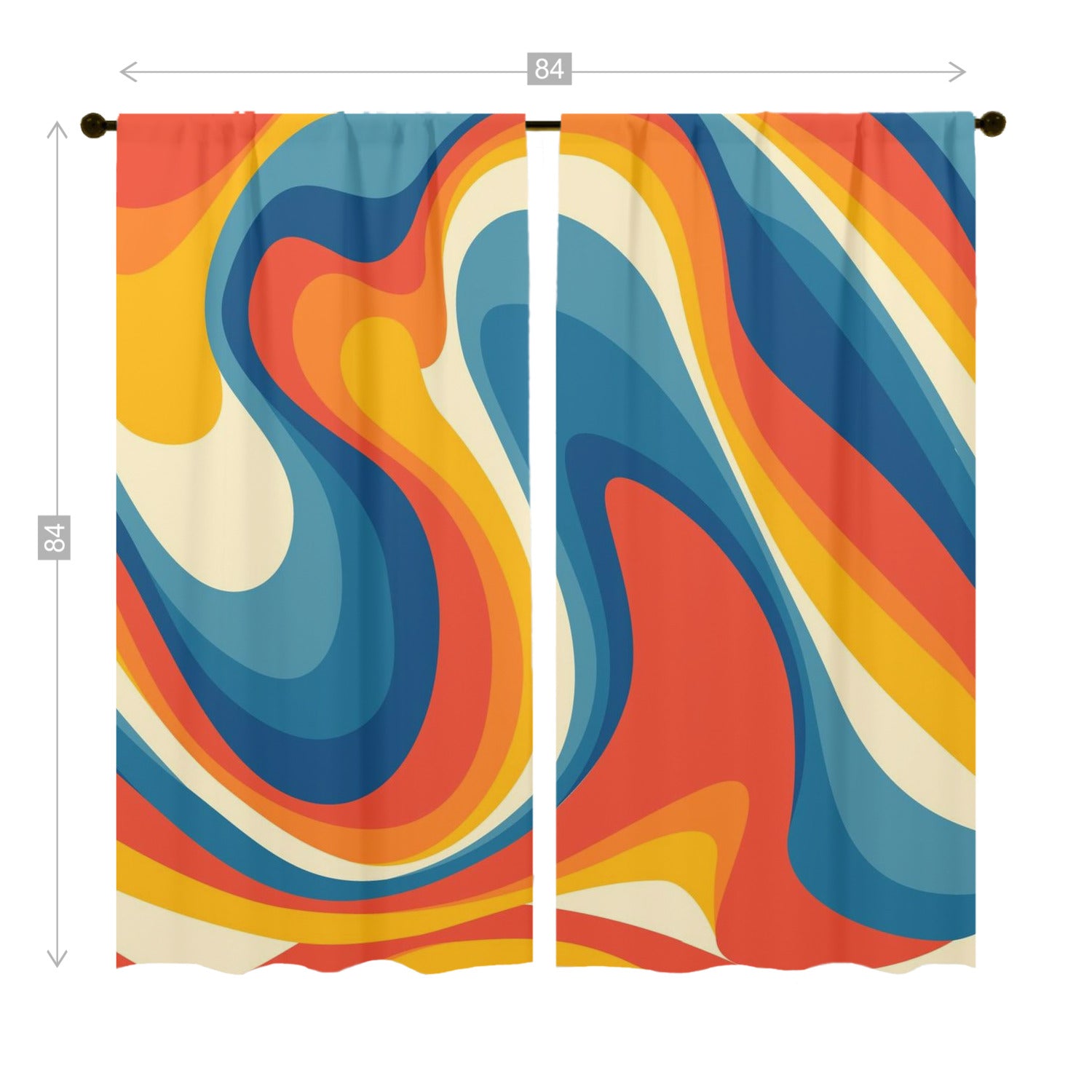 70s Retro Groovy Wave Mid Mod Yellow, Orange, Blue, Cream MCM Window Curtains (two panels) - Mid Century Modern Gal