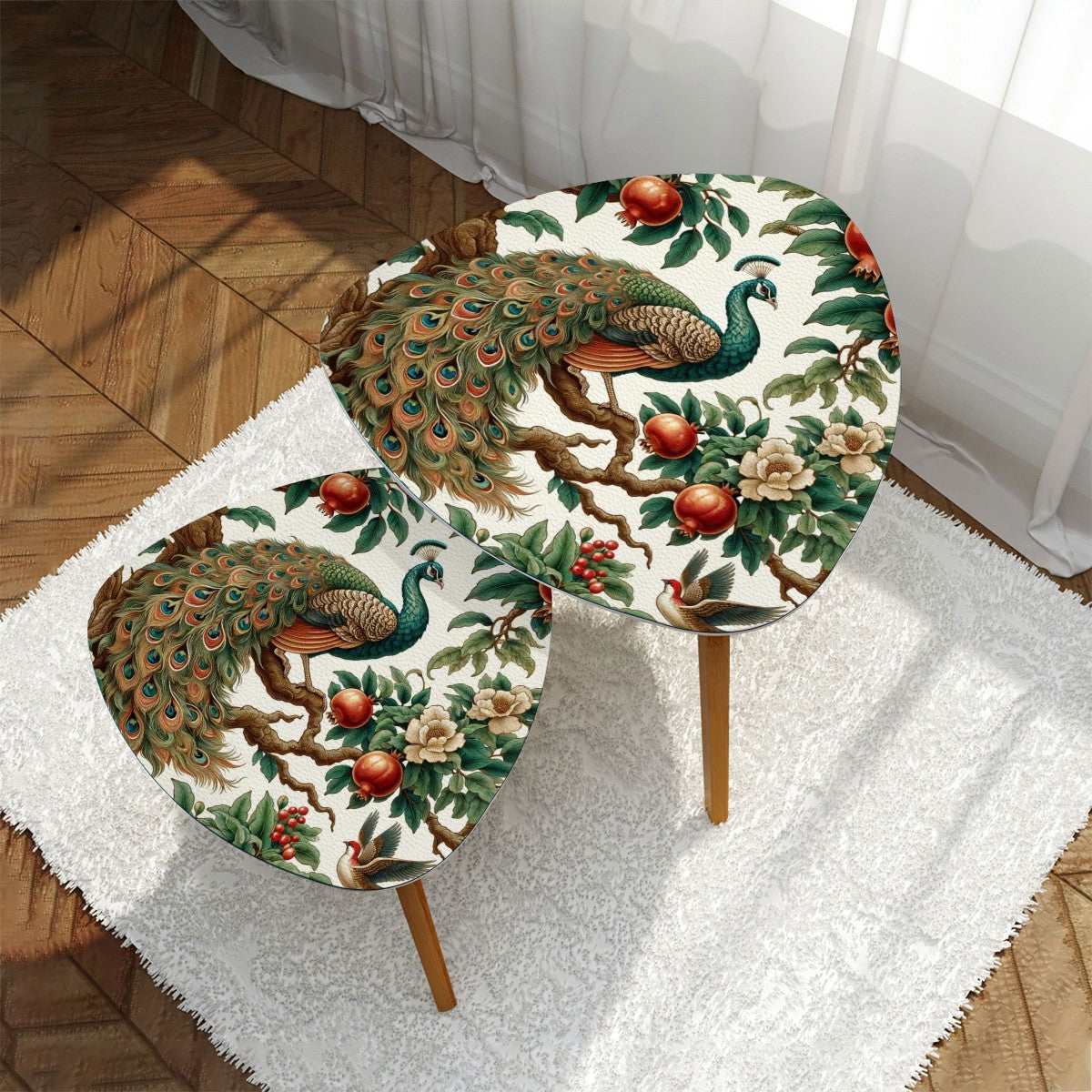 Chinoiserie Floral Peacock, Pomegranate Elegant Nesting Tables - Mid Century Modern Gal