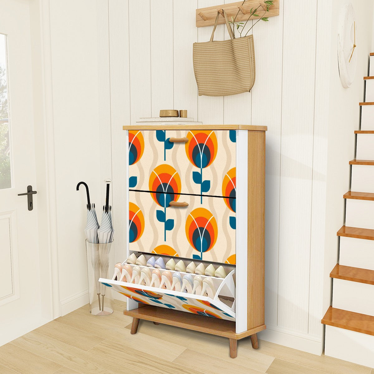 Scandinavian Designed Mid Century Modern Shoe Organizer, Orange Blue Floral Design - Mid Century Modern Gal