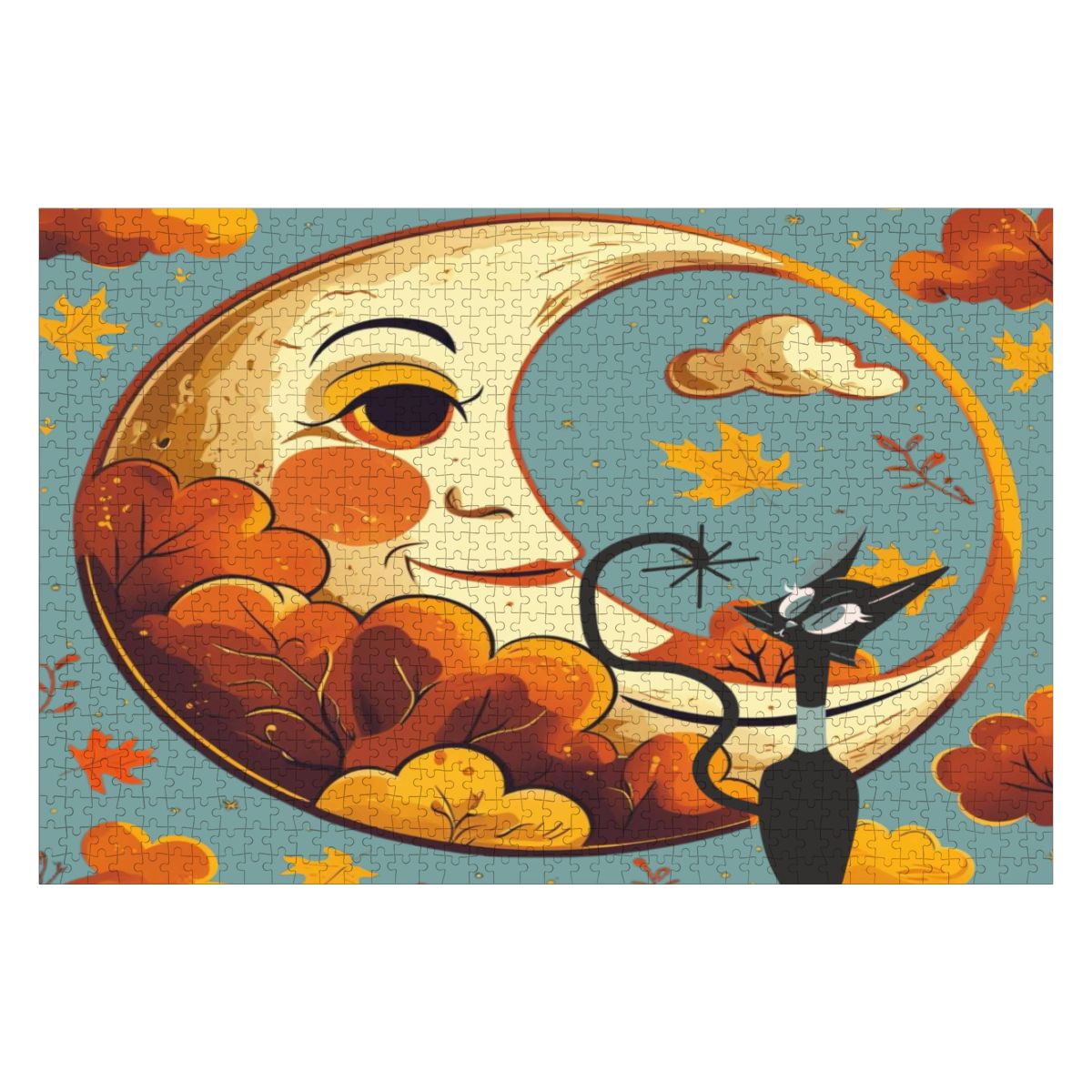 Atomic Celestial Moon, Kitschy Atomic Cat Harvest Halloween Wooden Jigsaw Puzzle - Mid Century Modern Gal