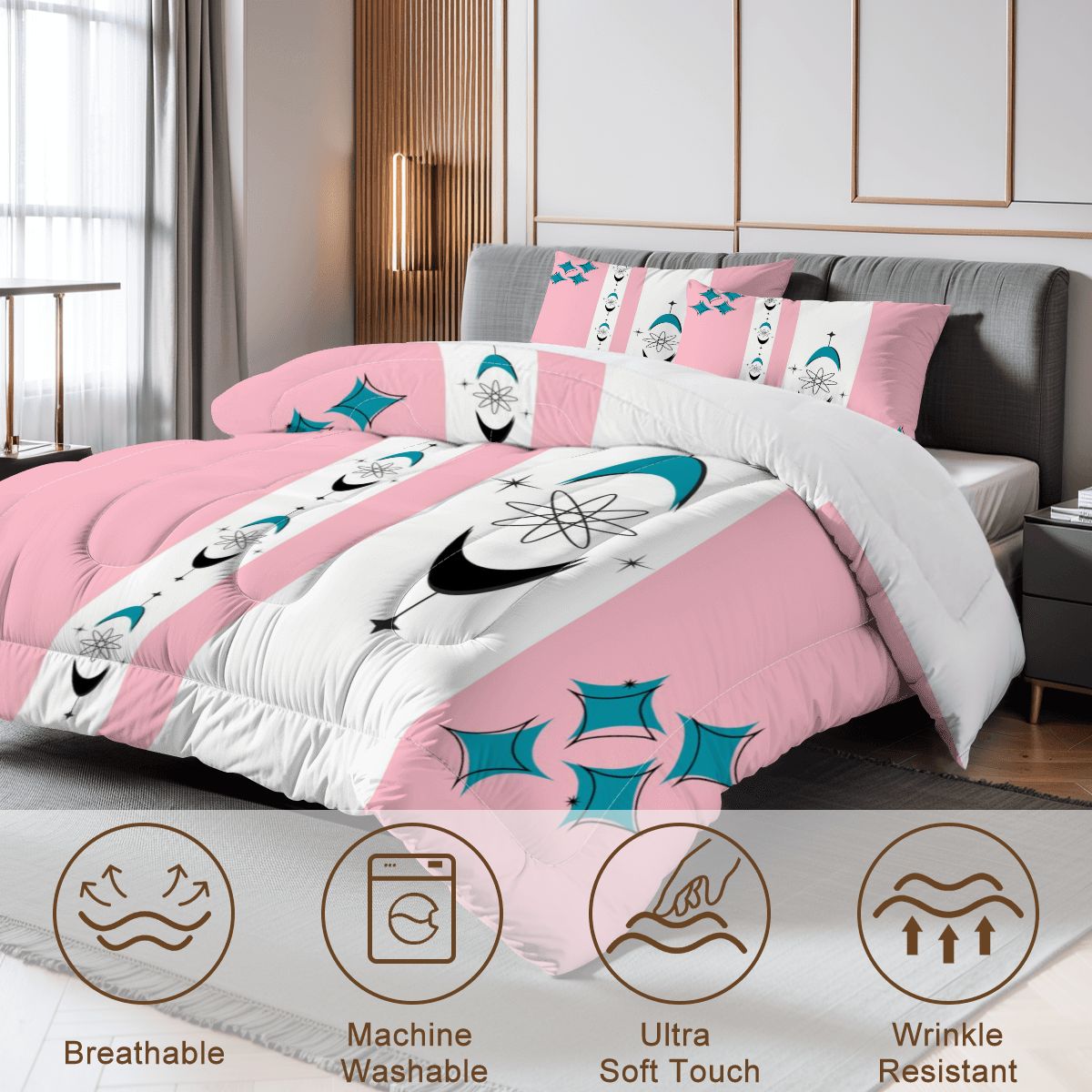 Mid Century Modern Atomic Pink Starburst Retro Mod Queen Comforter Set - Mid Century Modern Gal