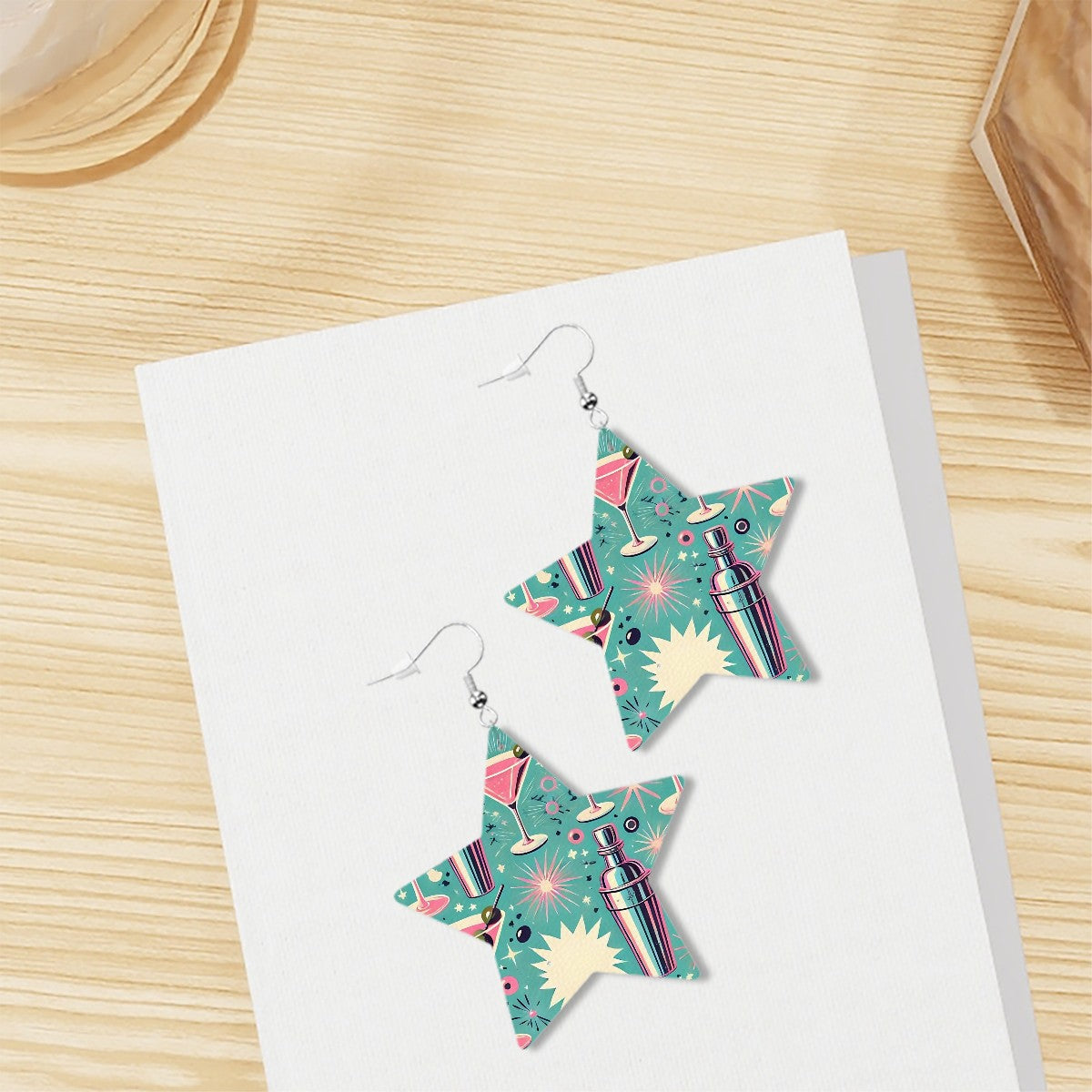 Atomic Mod Martini Cocktail Retro Vegan Leather Star Earrings - Mid Century Modern Gal