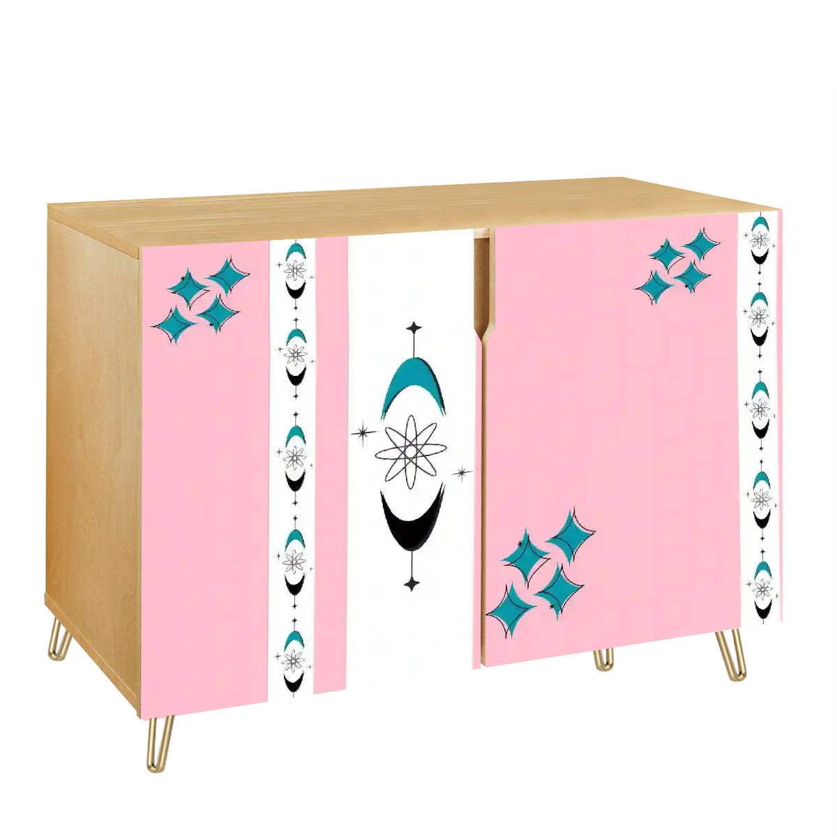 Atomic Starbursts, Pink Aqua Mid Century Modern Credenza Sideboard Storage Cabinet - Mid Century Modern Gal