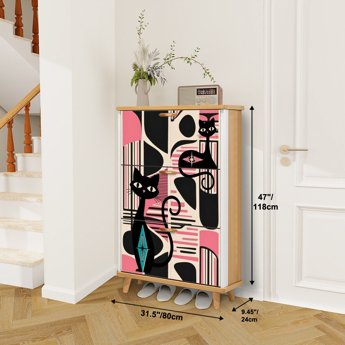 Mid Century Modern Shoe Cabinet, Black, Pink Atomic Cats Mid Mod Storage Organization - Mid Century Modern Gal