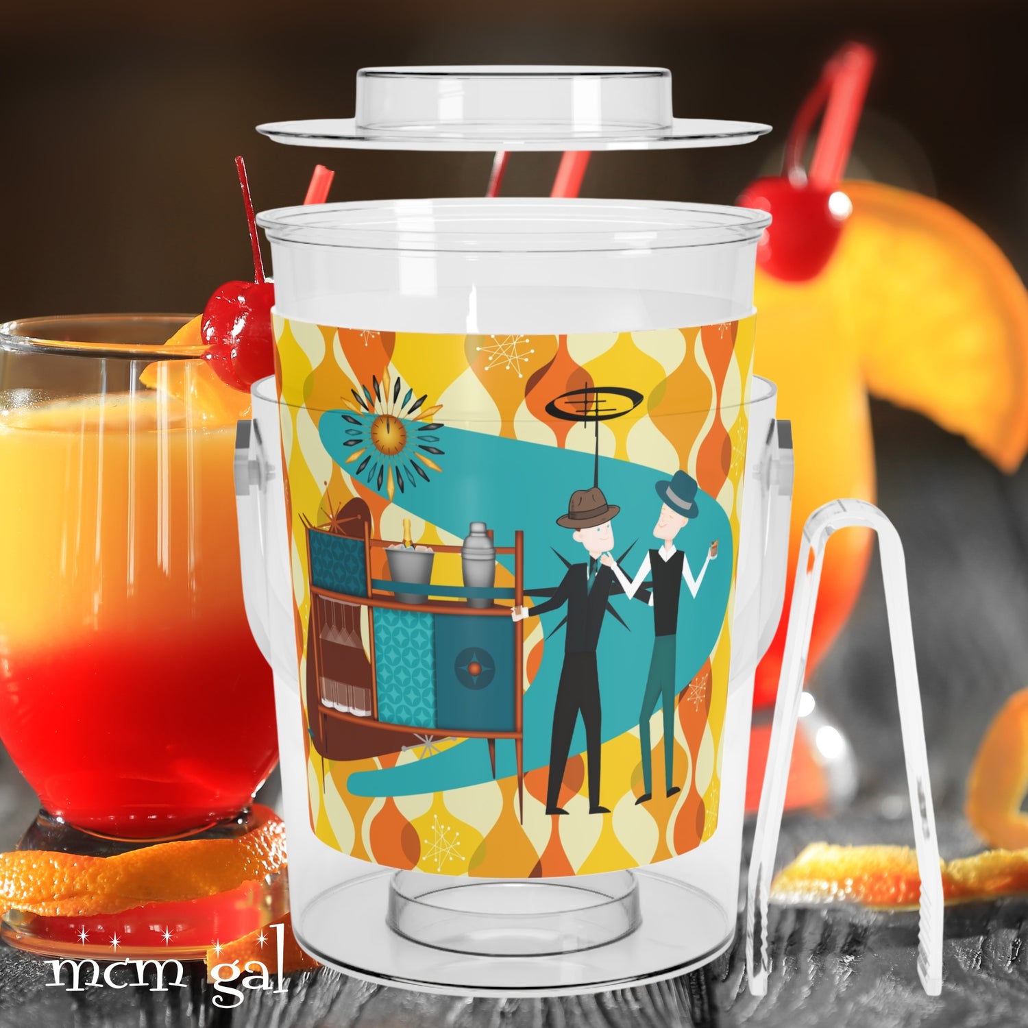 Mid Century Modern Barware, Male Couple, Gay Couple, Kitschy 50s Fun Retro Party Bar Ice Bucket with Tongs - Mid Century Modern Gal