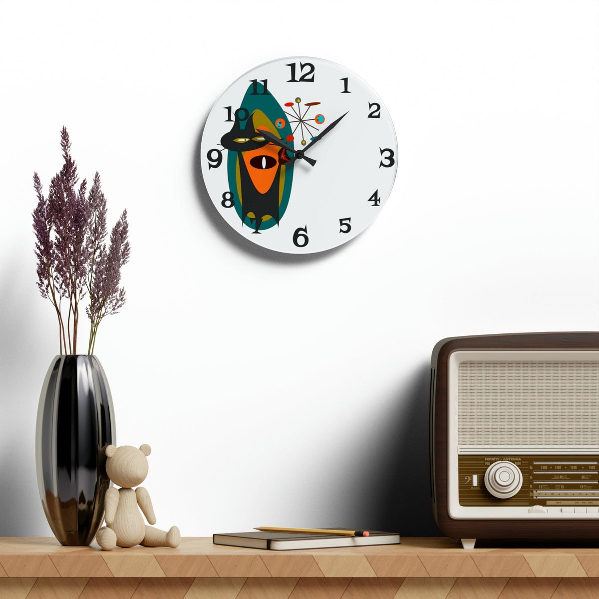 Atomic Cat, Kitschy Fun, Mid Century Modern, Acrylic Wall Clock Home Decor 10.75'' × 10.75'' (Round)