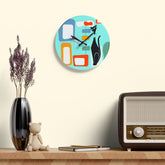 Atomic Cat Mid Century Modern, Geometric Aqua, Retro Acrylic Wall Clock Home Decor 10.75& Mid Century Modern Gal