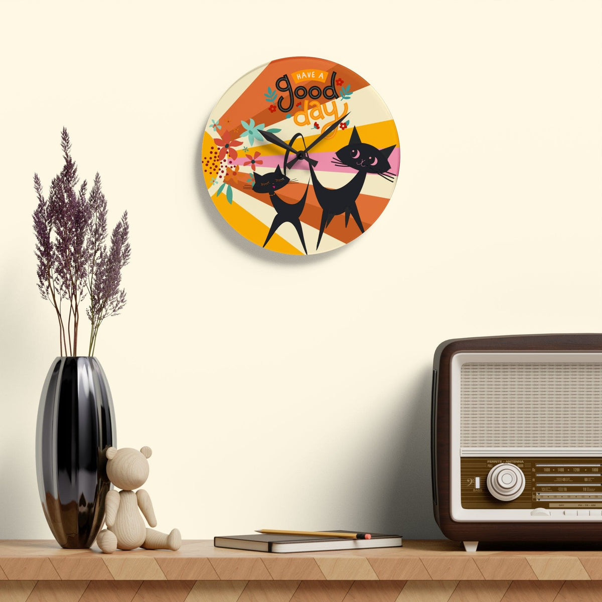 Atomic Cats, Retro Groovy 70's Have A Good Day, Floral, Groovy Acrylic Wall Clock Home Decor 10.75'' × 10.75'' (Round)