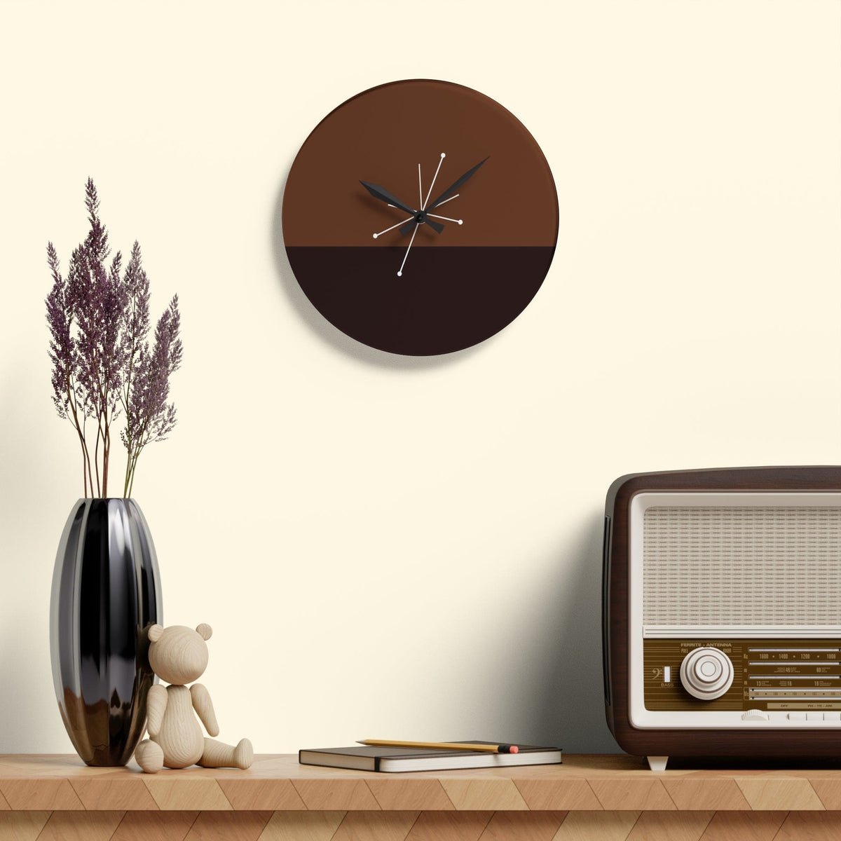 Mid Century Modern, Minimalist Black, Brown, MCM Acrylic Wall Clock Home Decor 10.75'' × 10.75'' (Round)