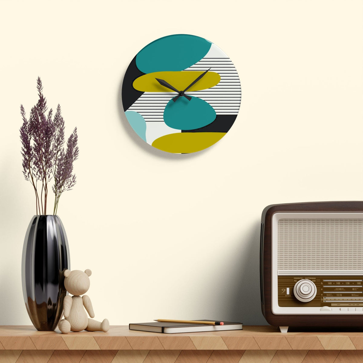 Mid Century Modern, Minimalist Geometric Green, Teal, Black Abstract Acrylic Wall Clock Home Decor 10.75'' × 10.75'' (Round)