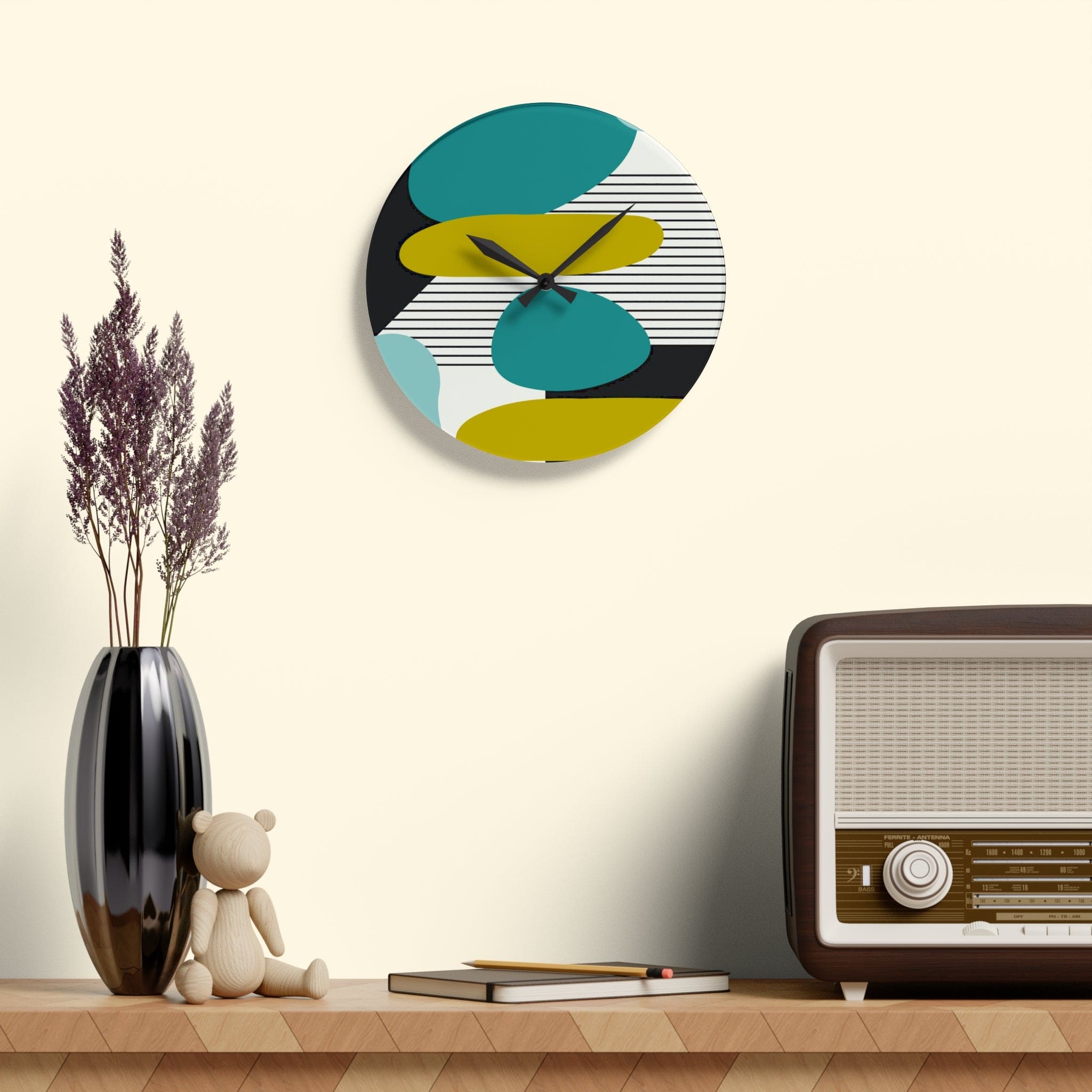 Mid Century Modern, Minimalist Geometric Green, Teal, Black Abstract Acrylic Wall Clock Home Decor 10.75&