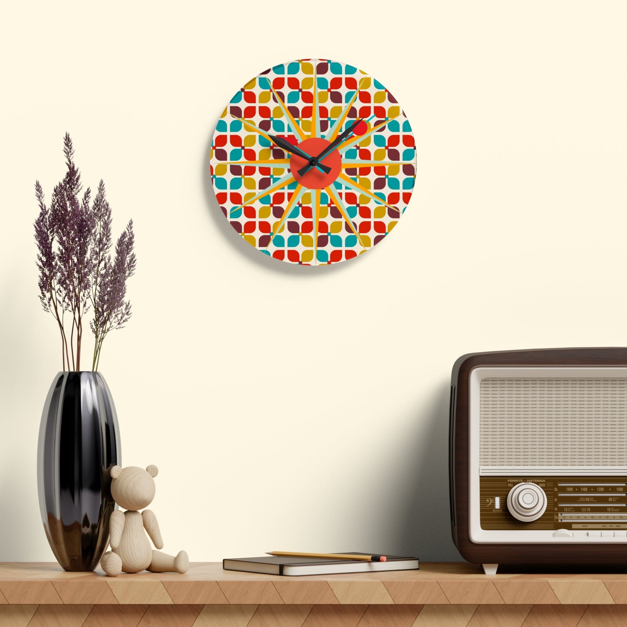 Mid Century Modern Starbust Clock, Scandinavian Retro Red, Turquoise, Mustard Yellow Geometric Designs Acrylic Wall Clock Home Decor 10.75&