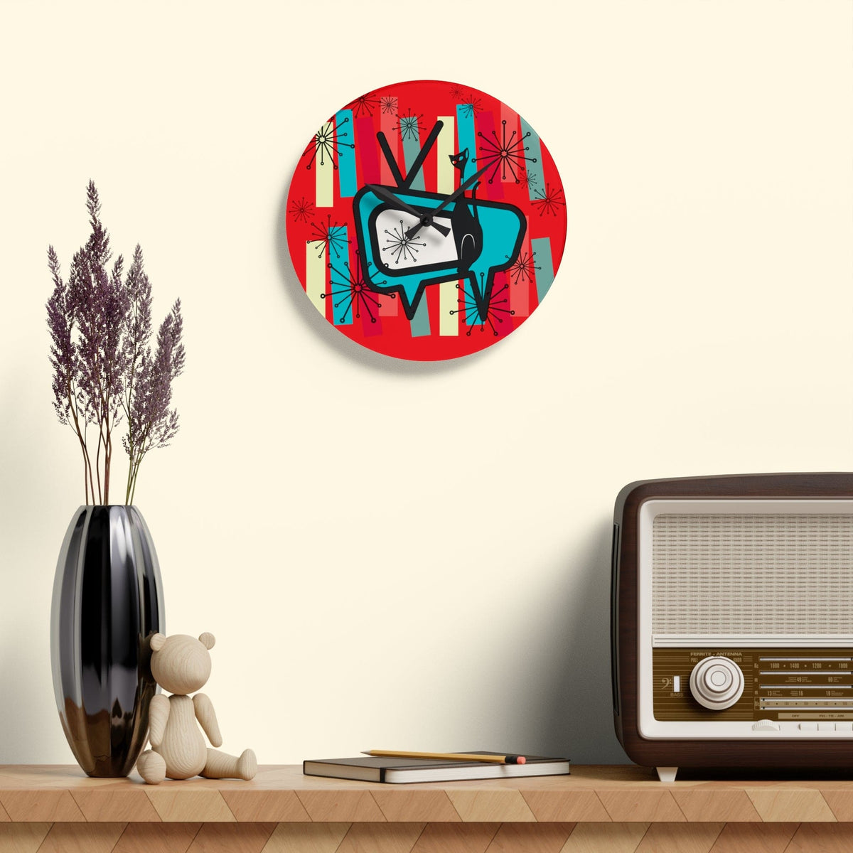 Mid Century Modern TV, Atomic Cat, Kitschy Retro MCM Acrylic Wall Clock Home Decor 10.75'' × 10.75'' (Round)