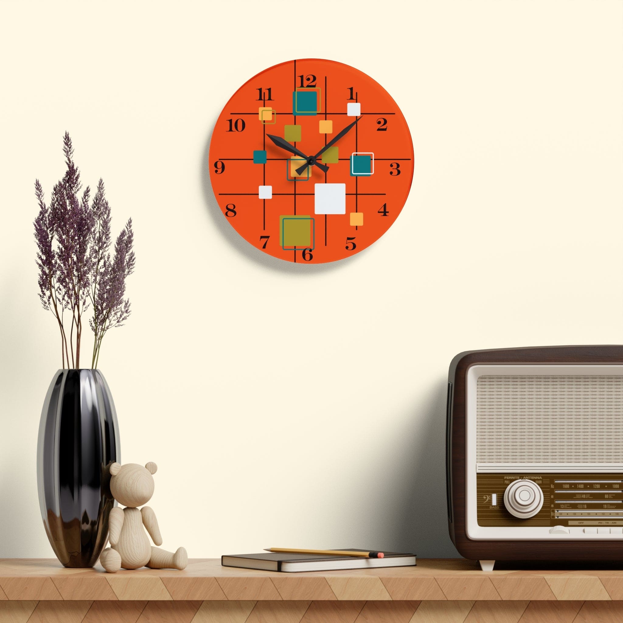 Mid Century Modern Wall Clock, Orange, Retro Geometric Acrylic Wall Clock Home Decor 10.75&