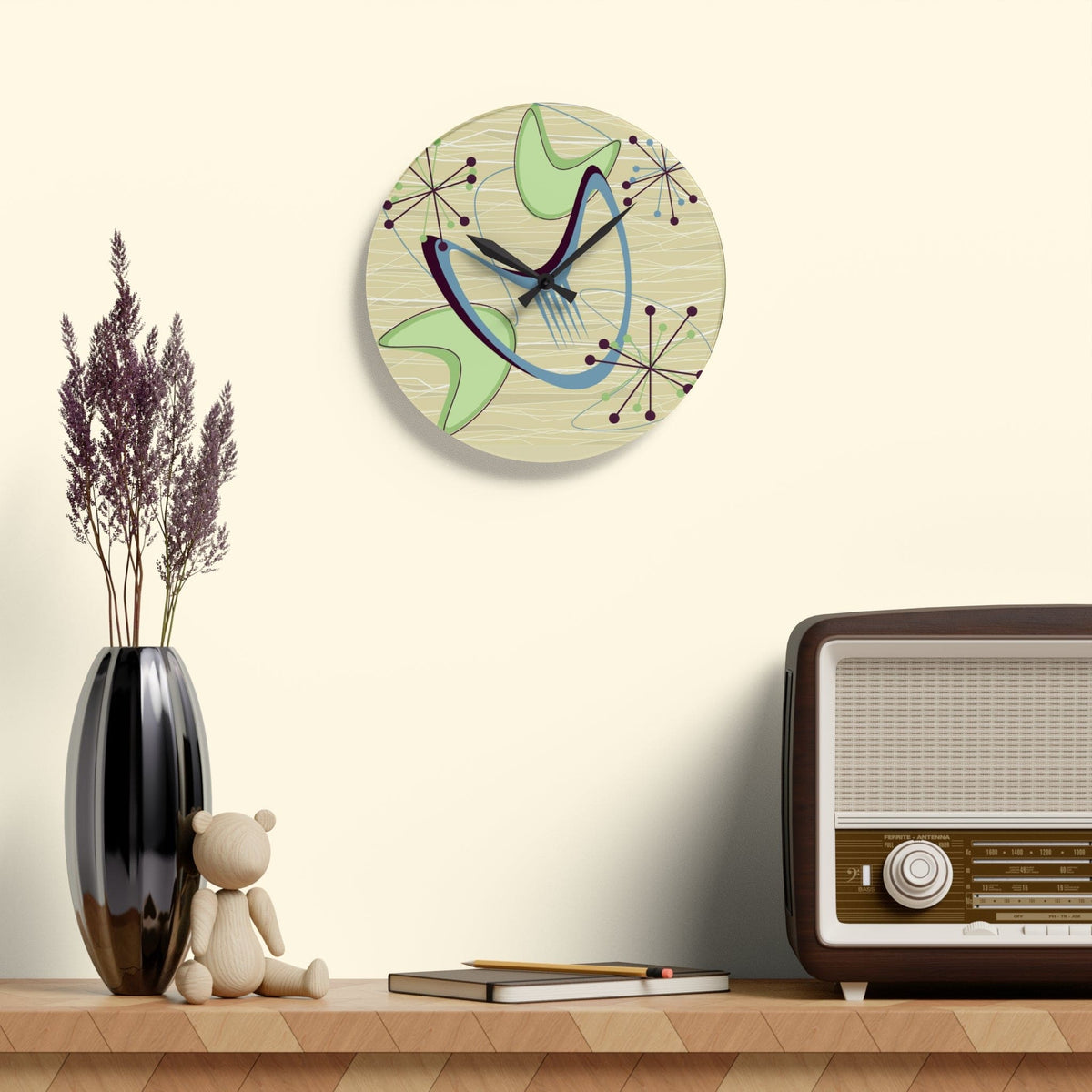 Mide Century Modern Atomic Boomerang, Retro Acrylic Wall Clock Home Decor 10.75'' × 10.75'' (Round)