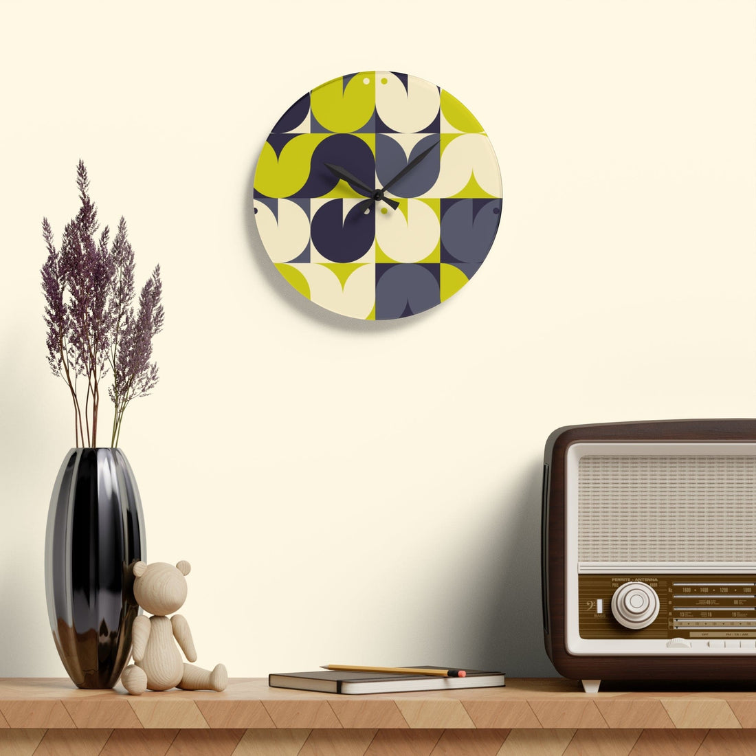 Modern Scandinavian, Geometric Birds, Green, Gray Retro MCM Acrylic Wall Clock Home Decor 10.75&